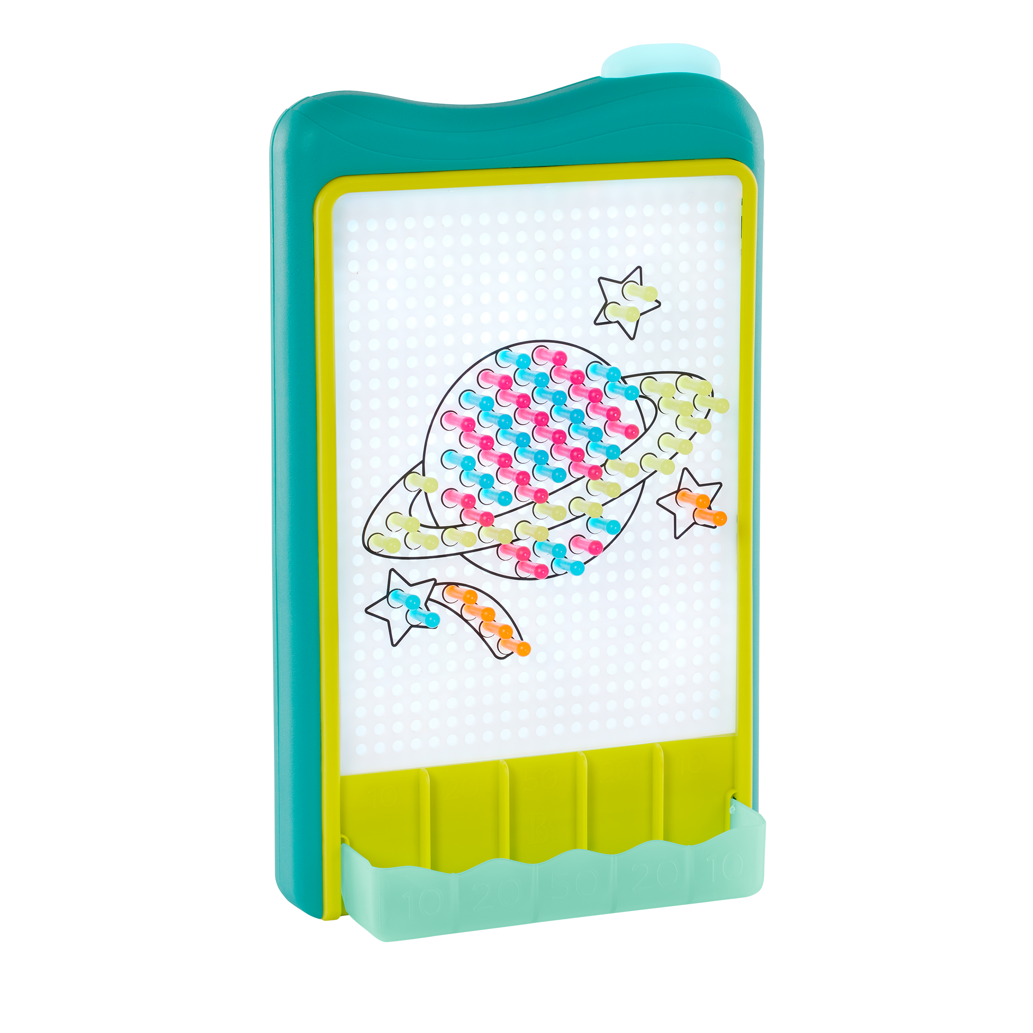 Peg board marble drop game for kids with lights and art sheets