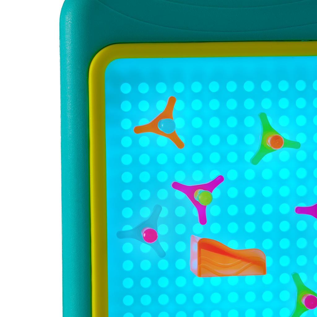 Peg board marble drop game for kids with lights and art sheets