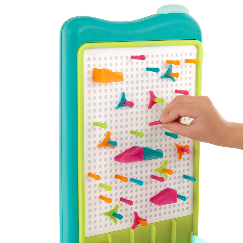 Peg board marble drop game for kids with lights and art sheets