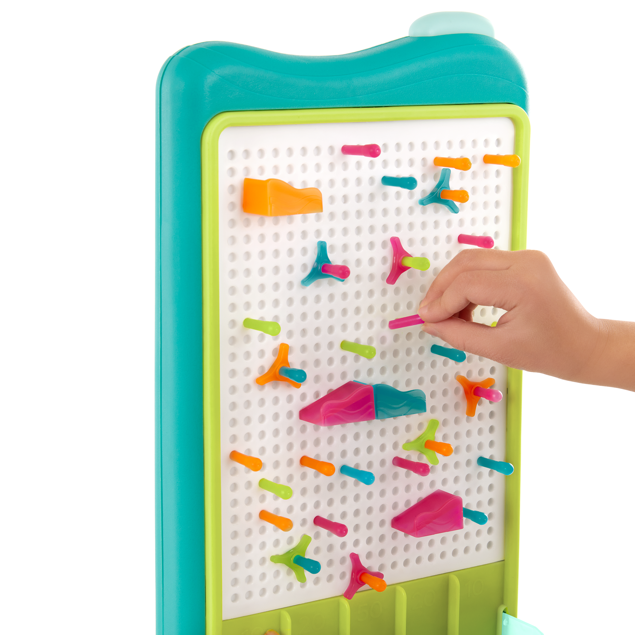 Peg board marble drop game for kids with lights and art sheets