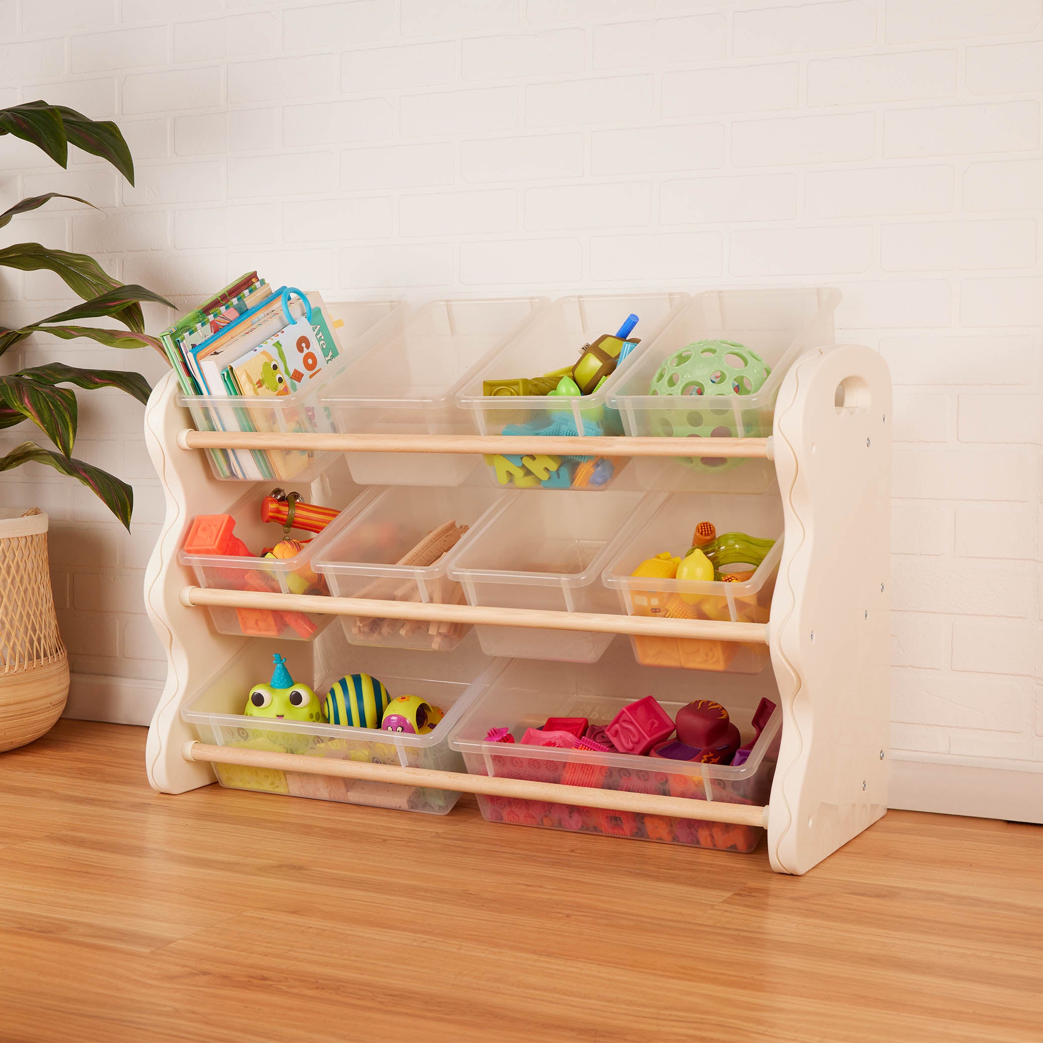 Kids playroom bin storage organizer shelf