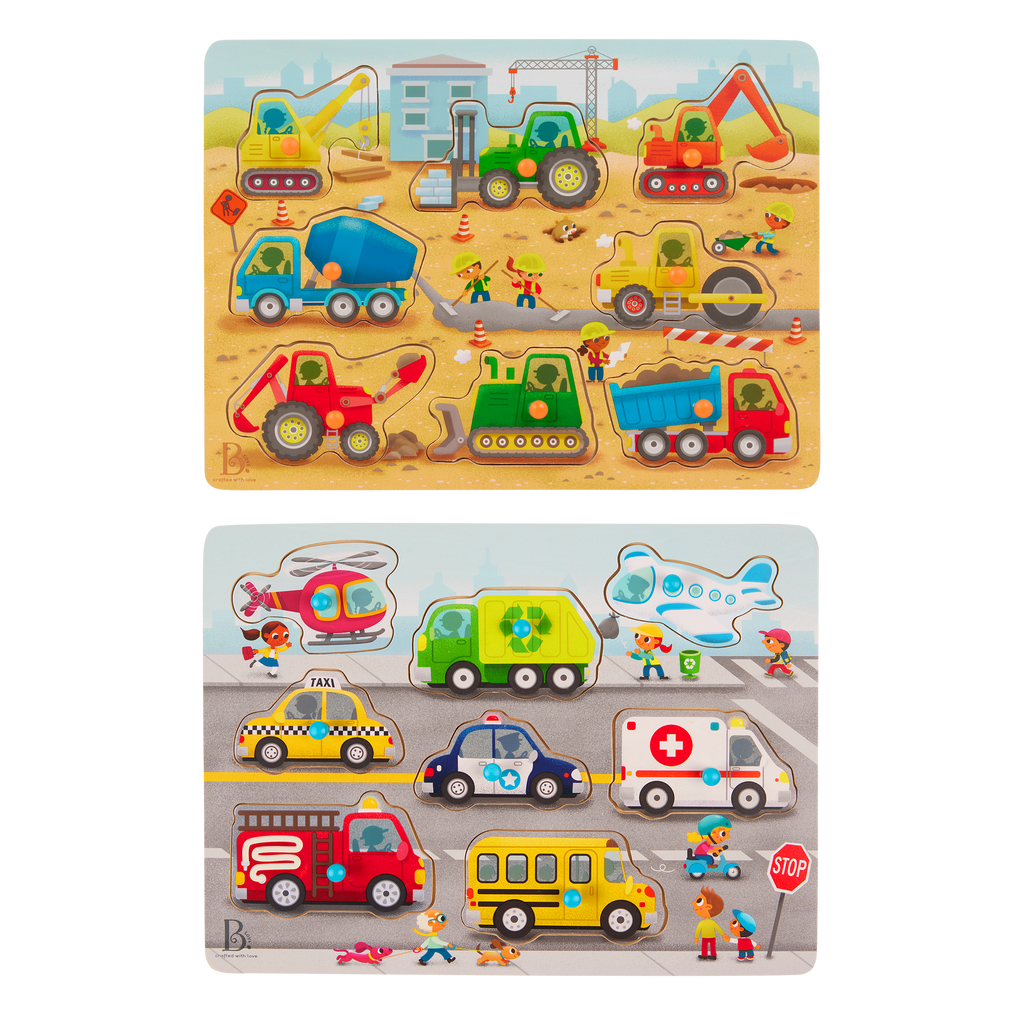 Wooden peg puzzles for toddlers trucks cars construction