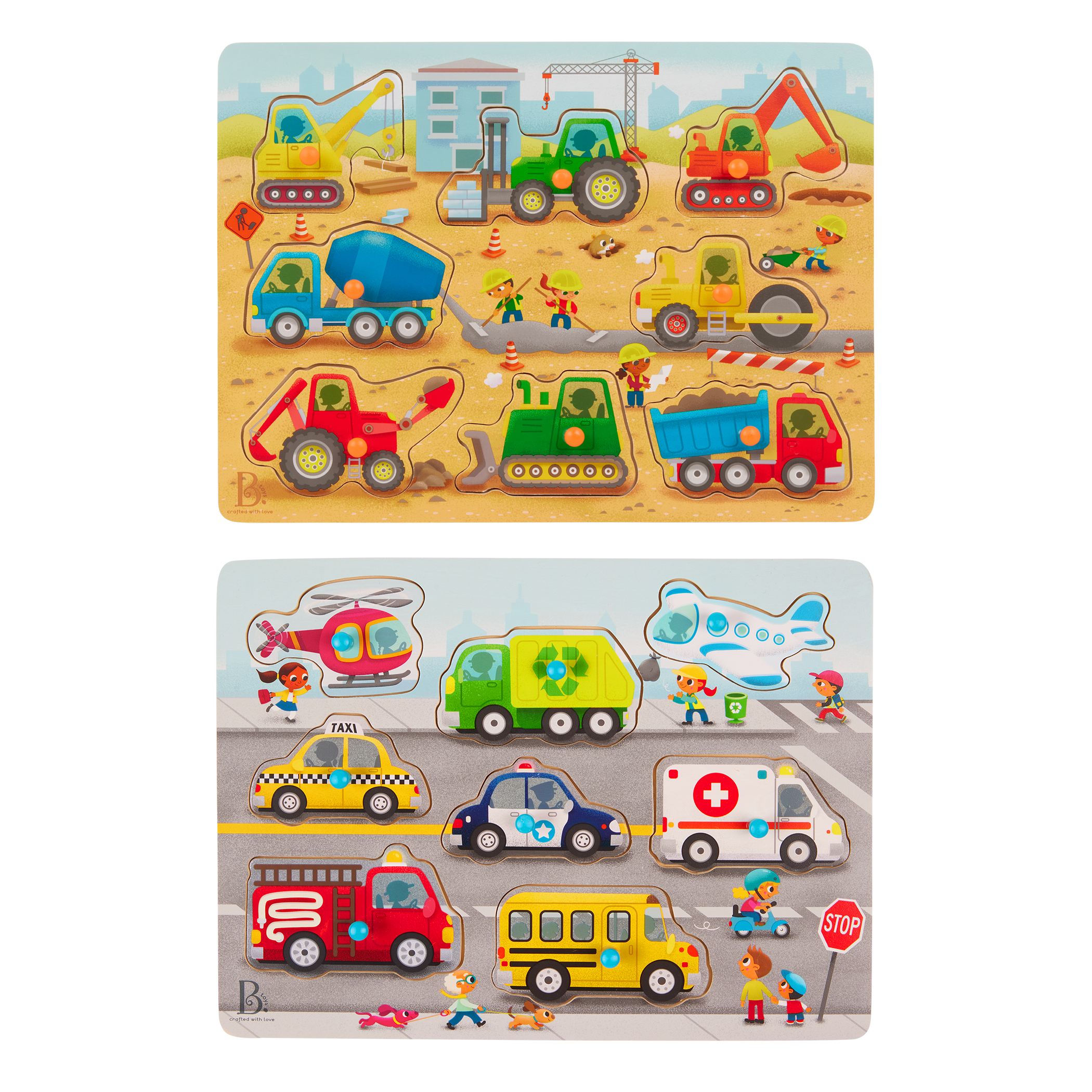 Wooden peg puzzles for toddlers trucks cars construction