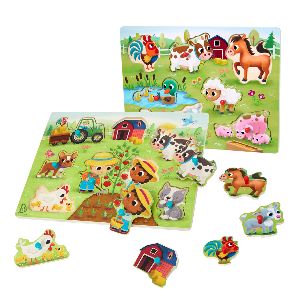 Wooden peg puzzles farm animals barn for toddlers