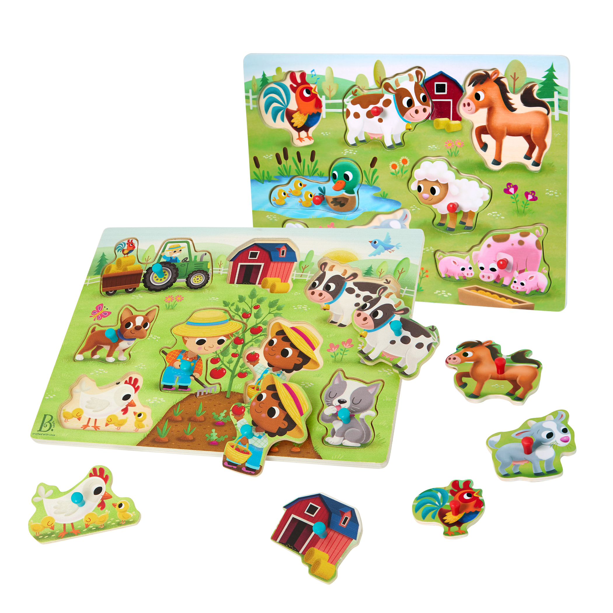 Wooden peg puzzles farm animals barn for toddlers