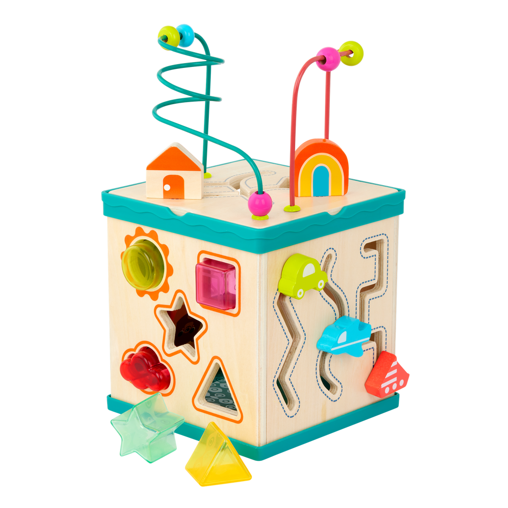 tabletop portable wooden activity cube and baby book