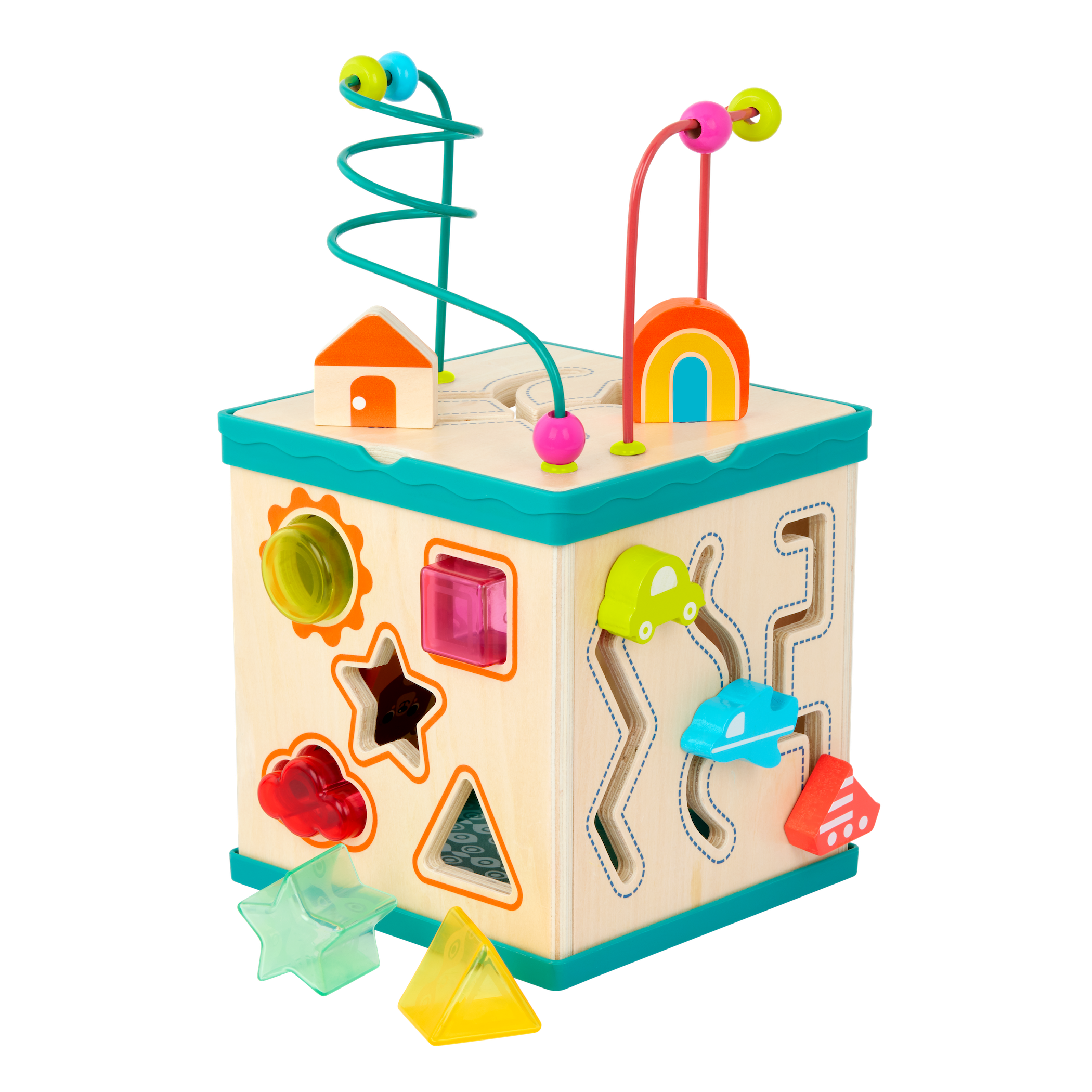 tabletop portable wooden activity cube and baby book