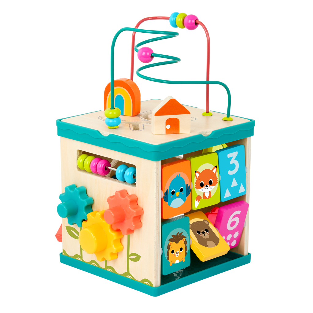 tabletop portable wooden activity cube and baby book