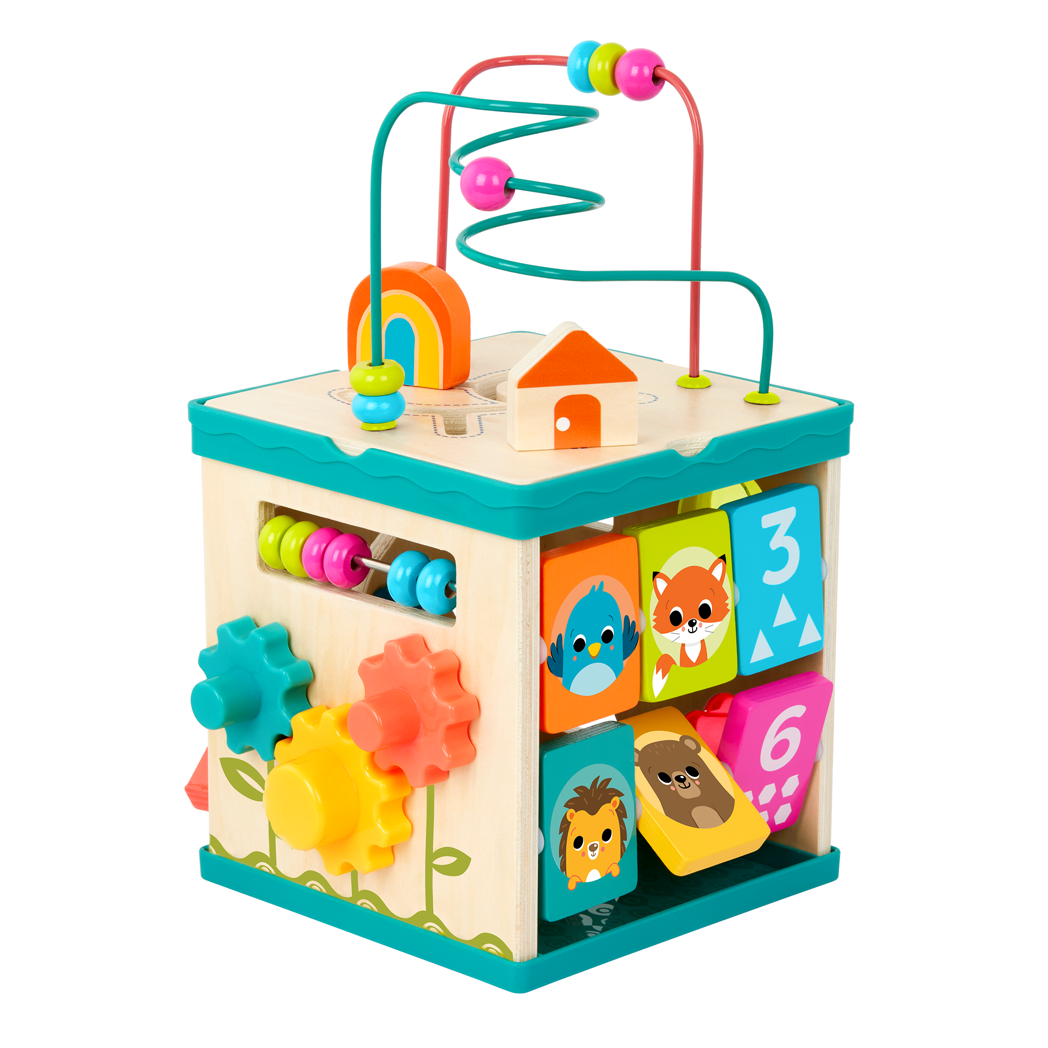 tabletop portable wooden activity cube and baby book