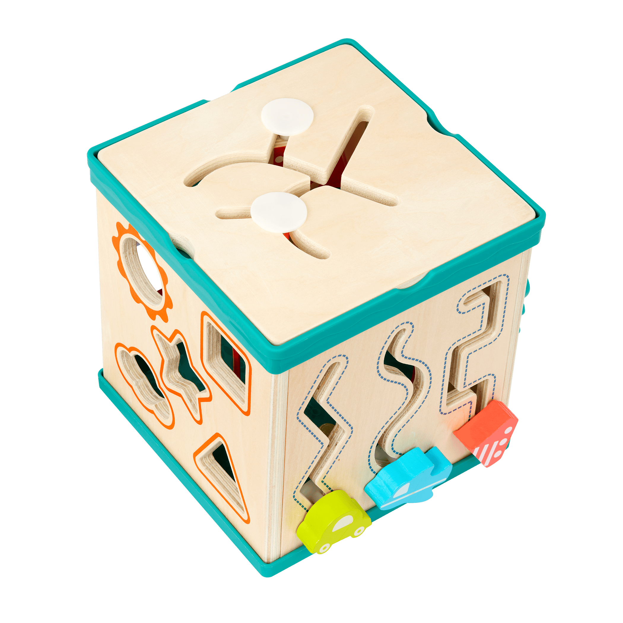 tabletop portable wooden activity cube and baby book