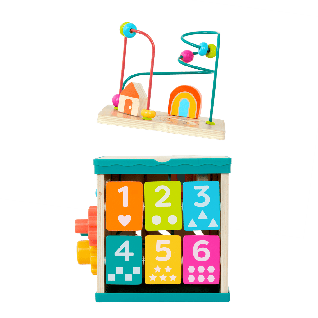 tabletop portable wooden activity cube and baby book