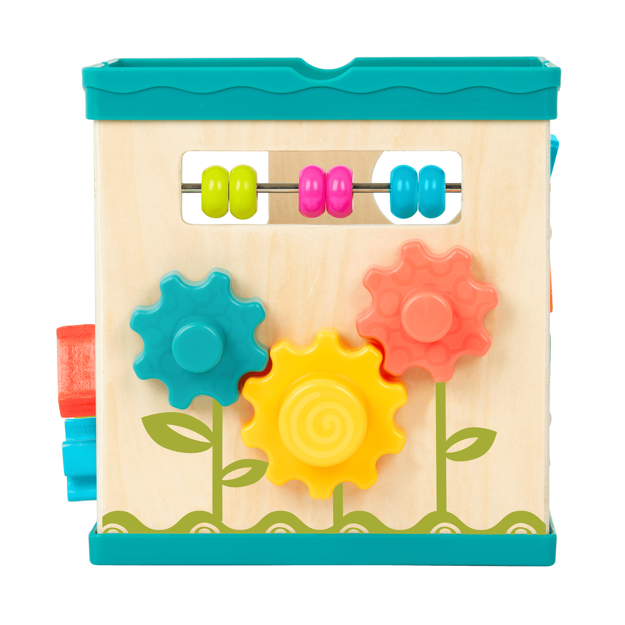 tabletop portable wooden activity cube and baby book
