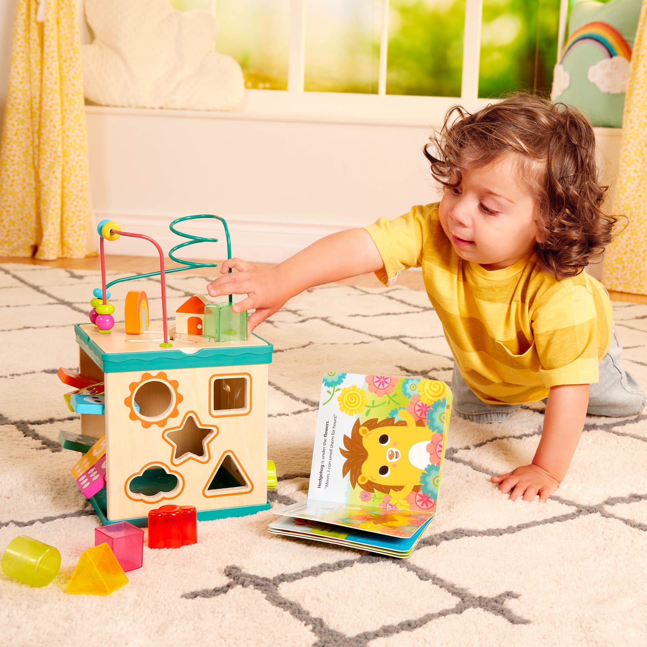 tabletop portable wooden activity cube and baby book