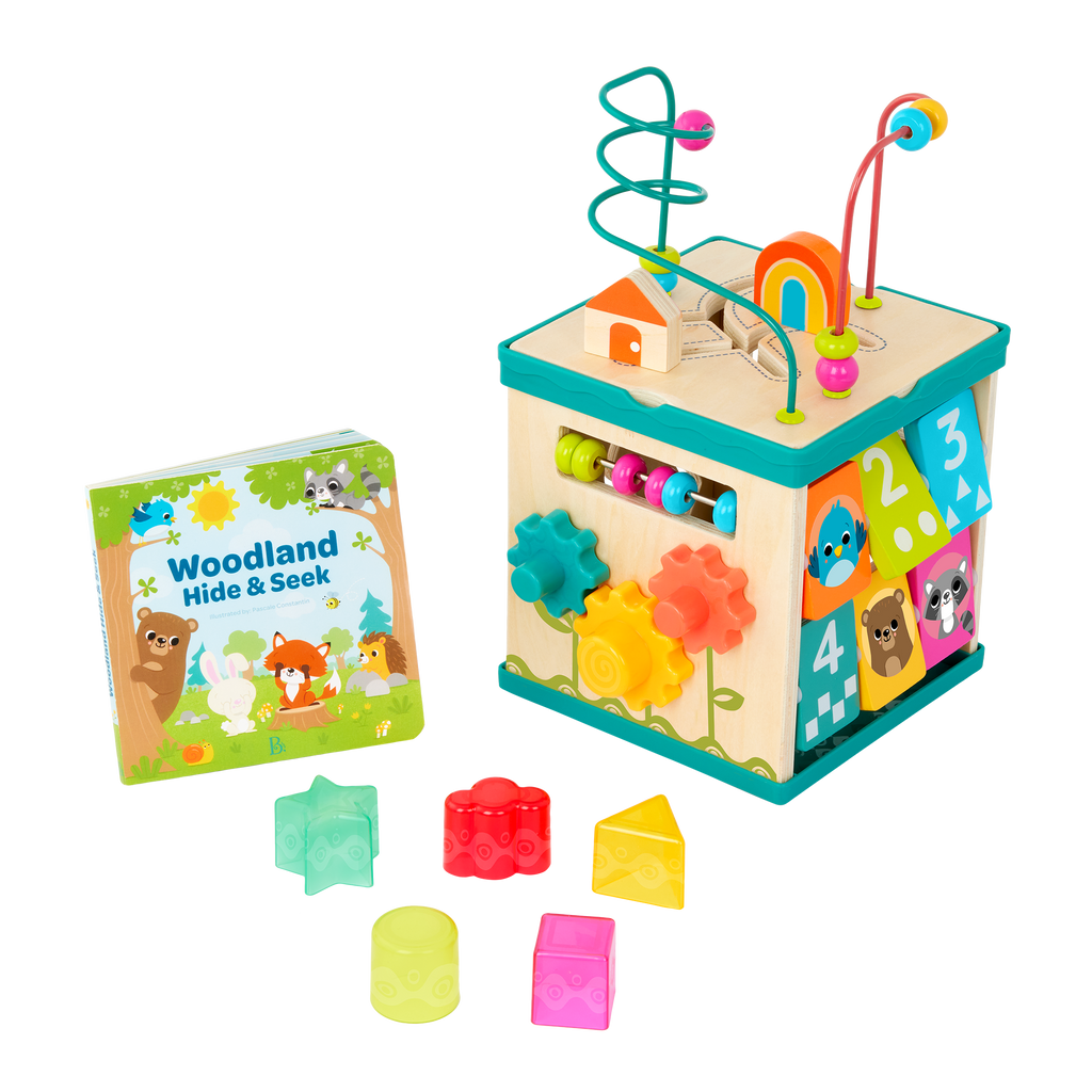 tabletop portable wooden activity cube and baby book