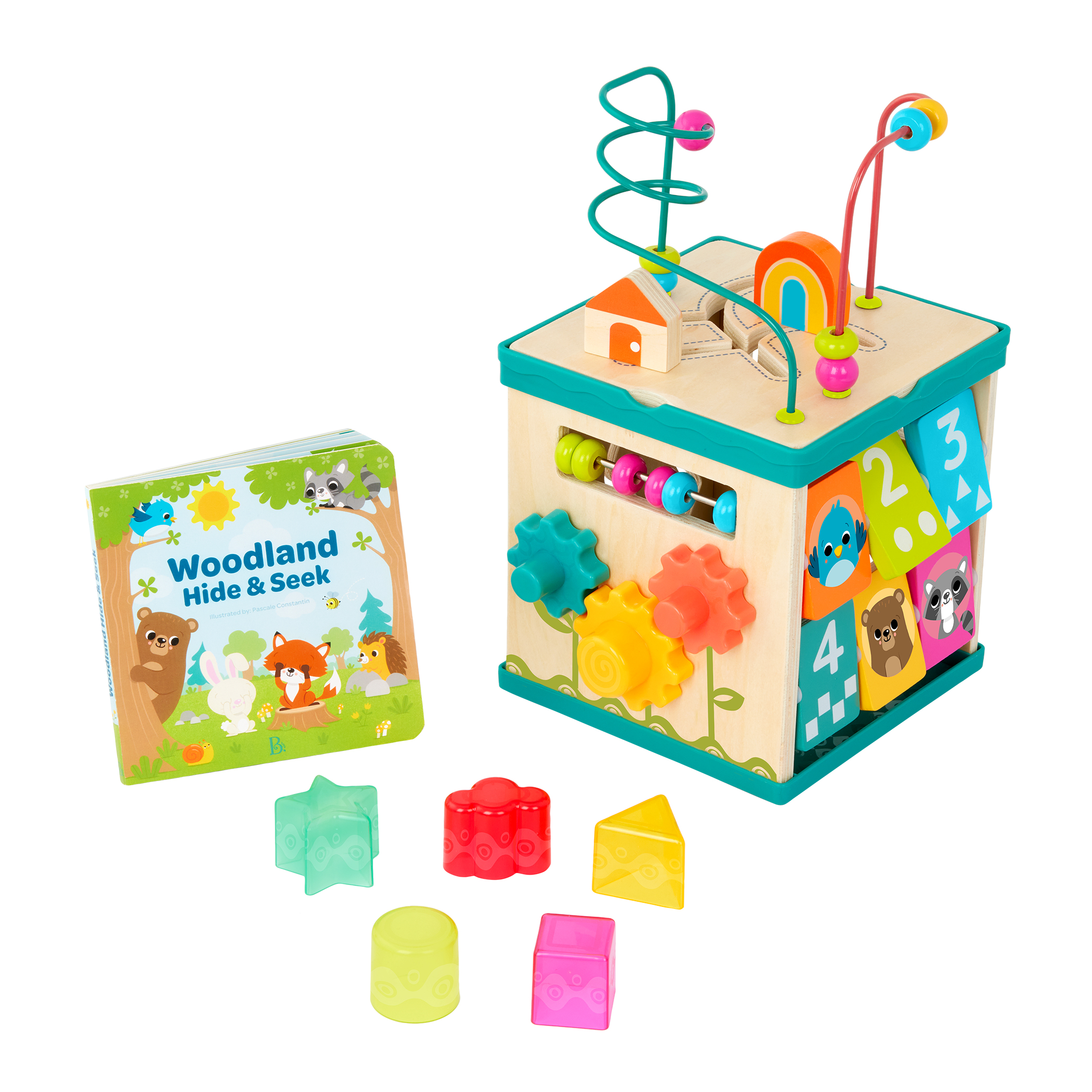 tabletop portable wooden activity cube and baby book