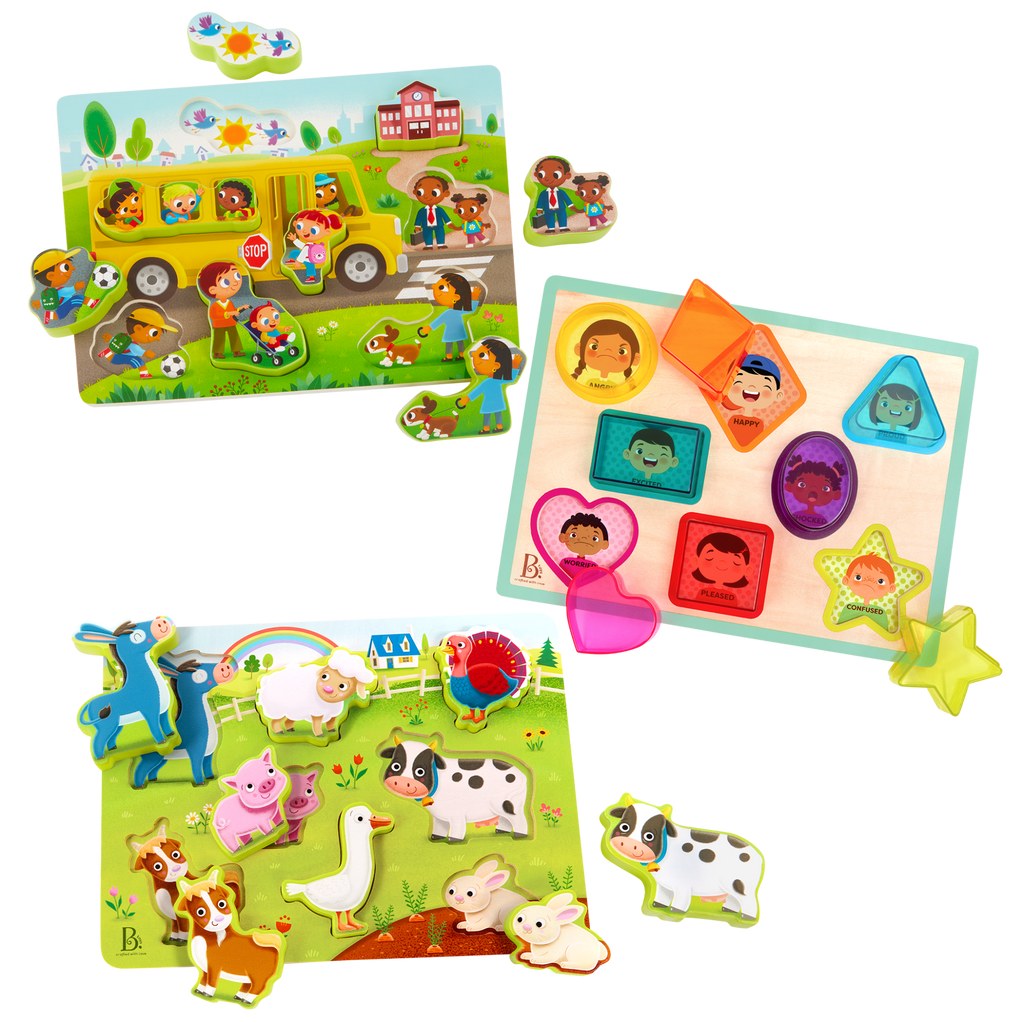 Chunky wooden puzzles for toddlers school bus farm animals emotions