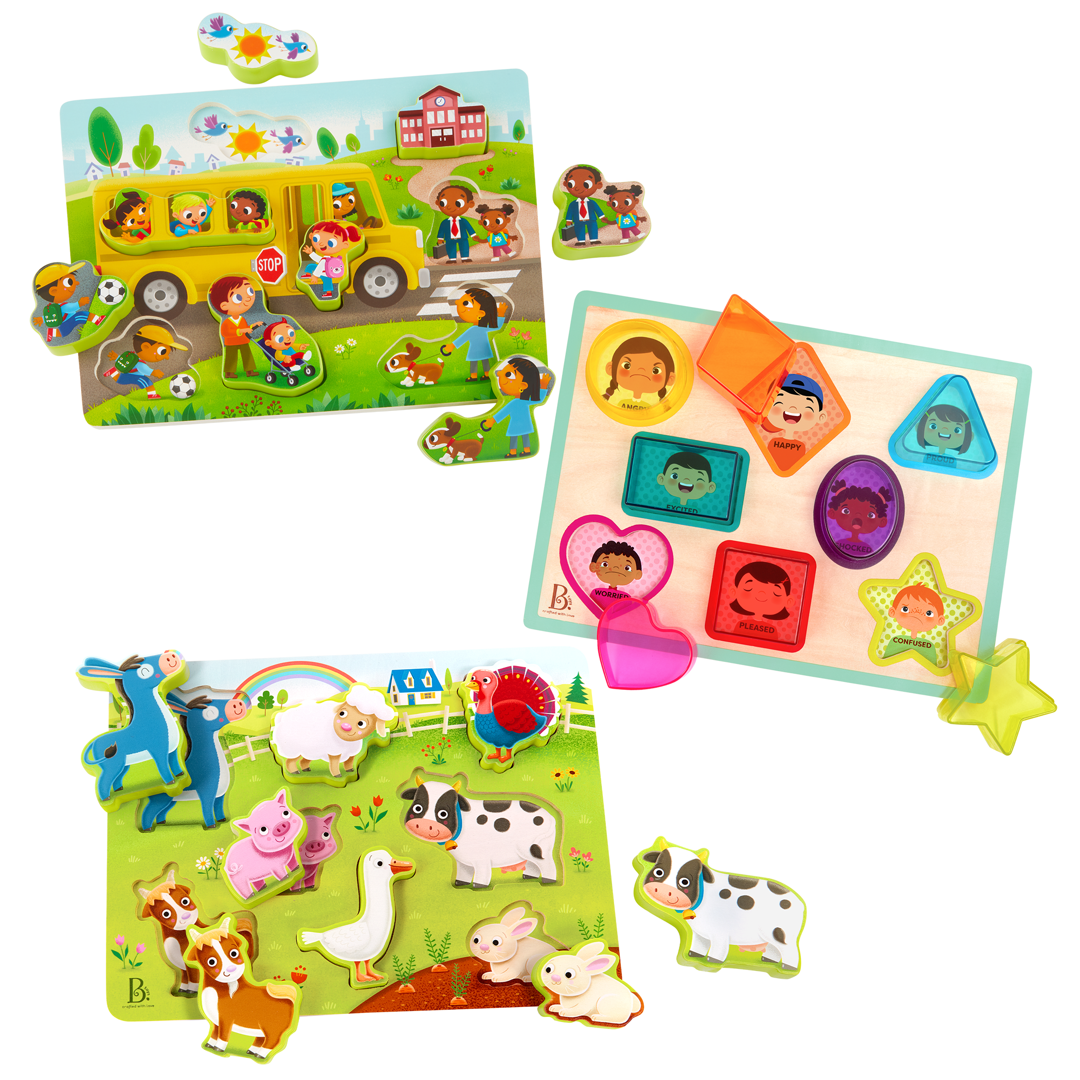 Chunky wooden puzzles for toddlers school bus farm animals emotions