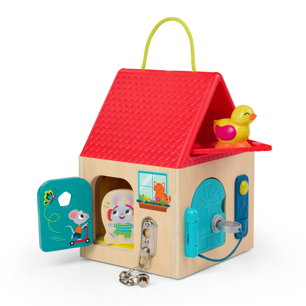 Locks and latches box dexterity toy for toddlers and babies