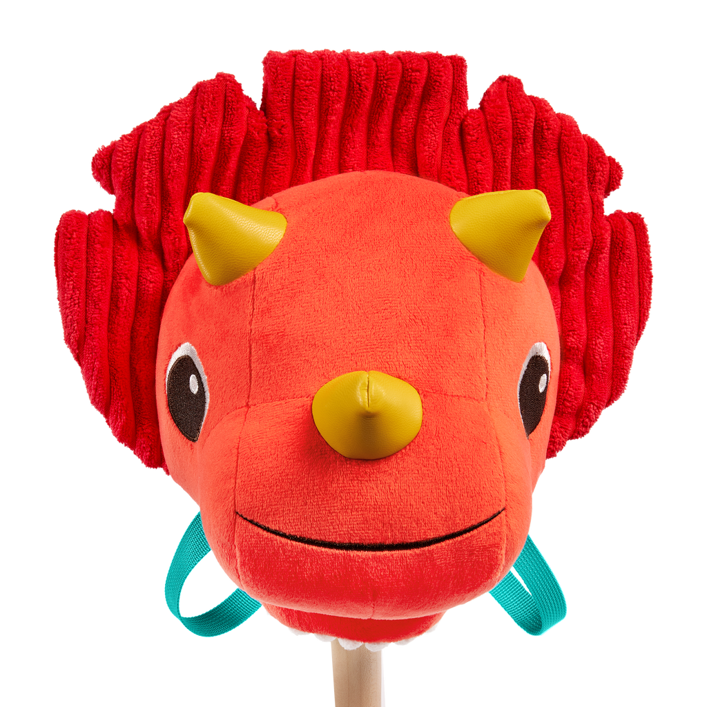 Plush dino hobbyhorse triceratops with wooden stick, sounds, and sensory textures