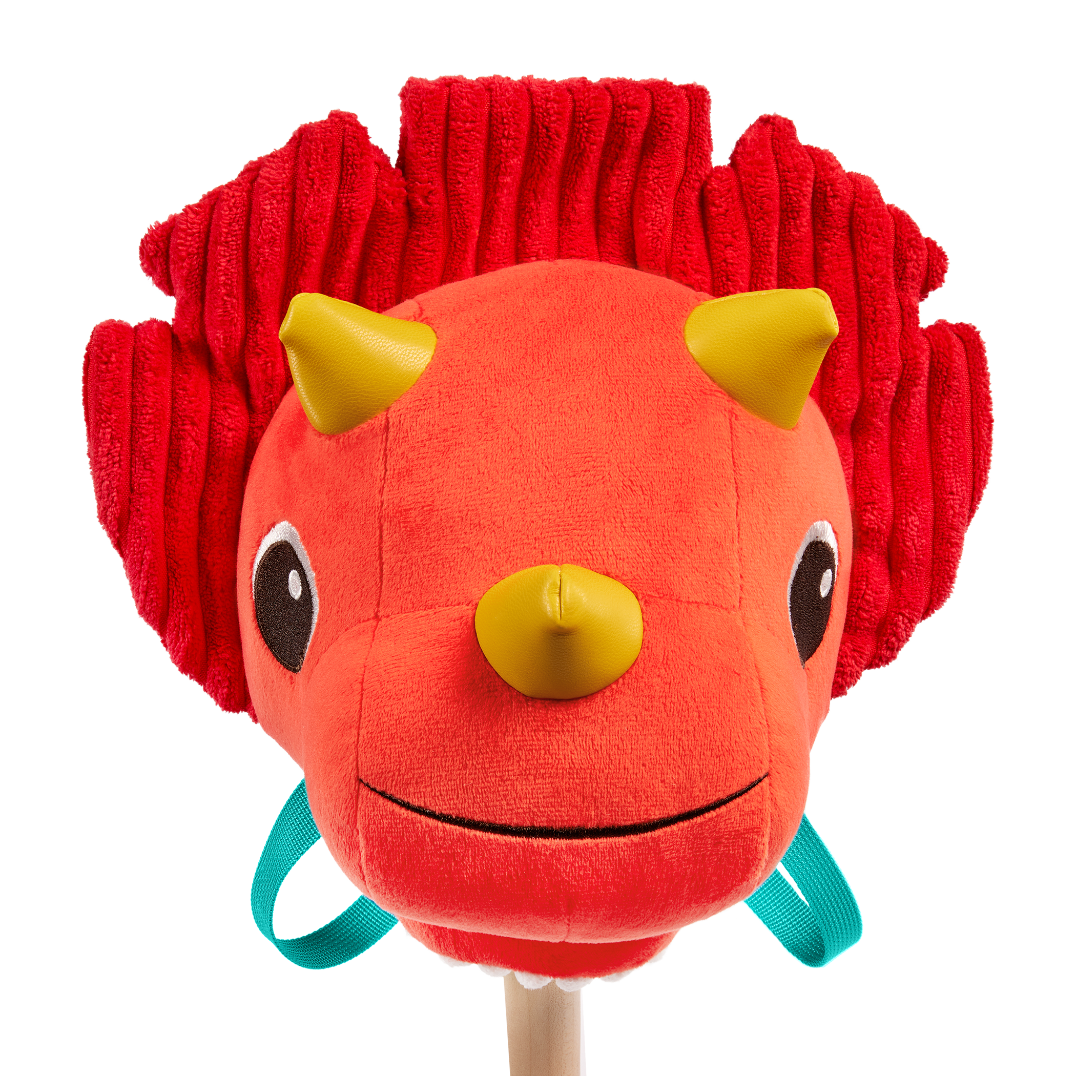Plush dino hobbyhorse triceratops with wooden stick, sounds, and sensory textures