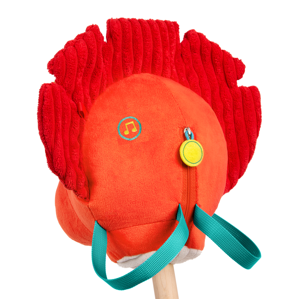 Plush dino hobbyhorse triceratops with wooden stick, sounds, and sensory textures