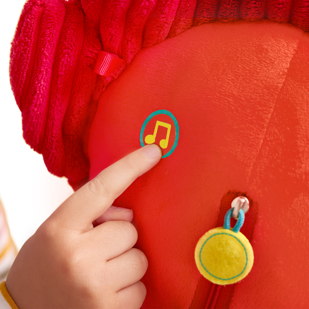 Plush dino hobbyhorse triceratops with wooden stick, sounds, and sensory textures