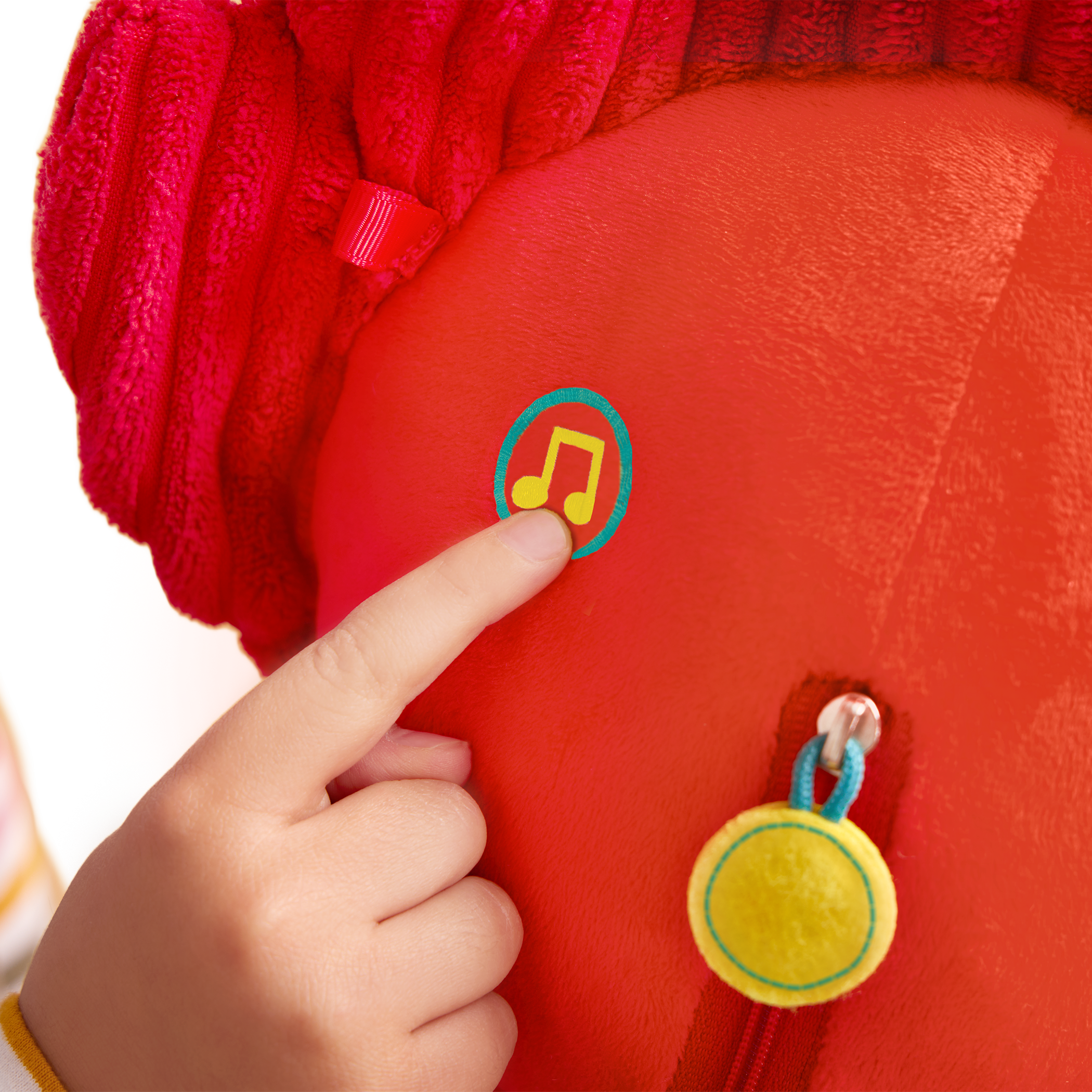 Plush dino hobbyhorse triceratops with wooden stick, sounds, and sensory textures