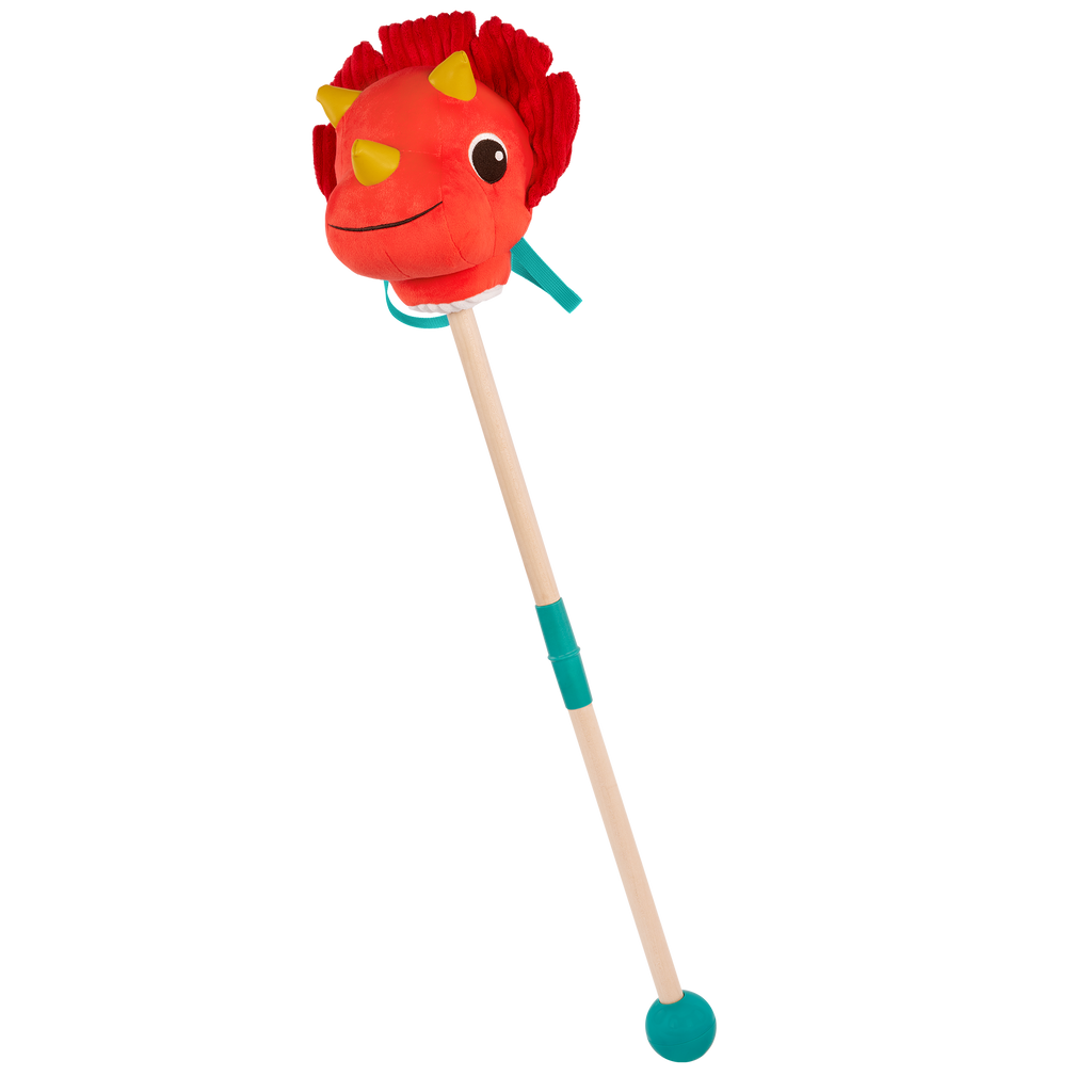 Plush dino hobbyhorse triceratops with wooden stick, sounds, and sensory textures
