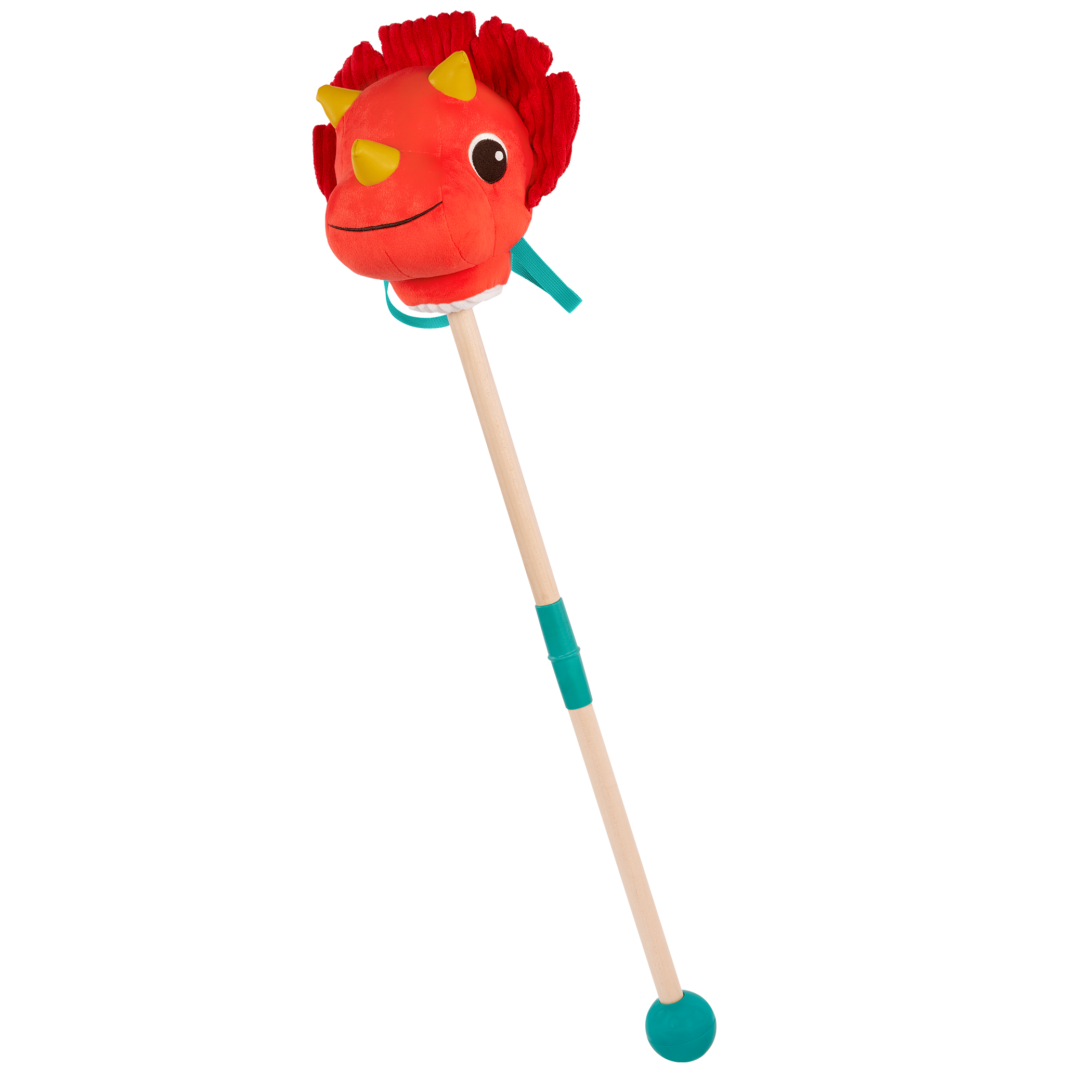 Plush dino hobbyhorse triceratops with wooden stick, sounds, and sensory textures