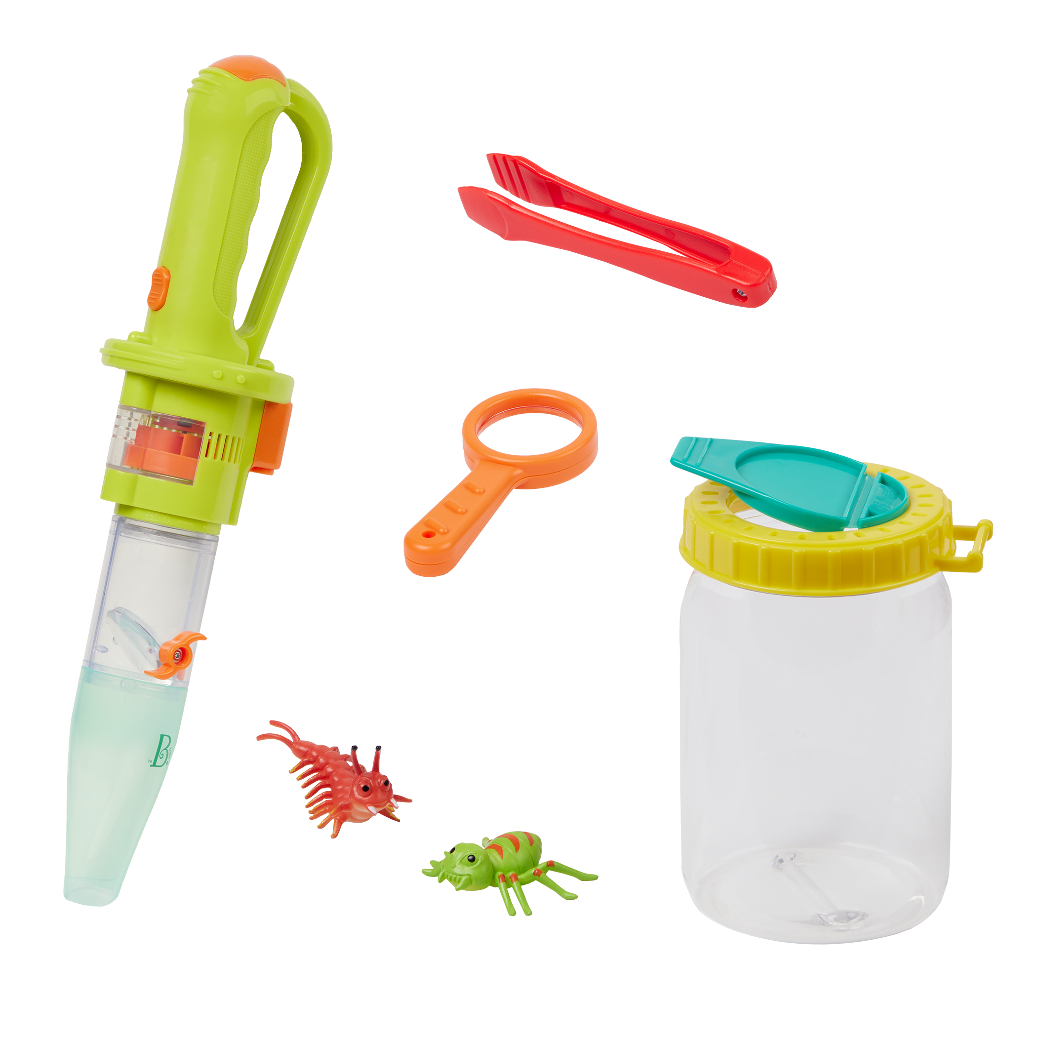 Bug catcher vacuum with magnifying glass, tweezers, toys, and capture jar