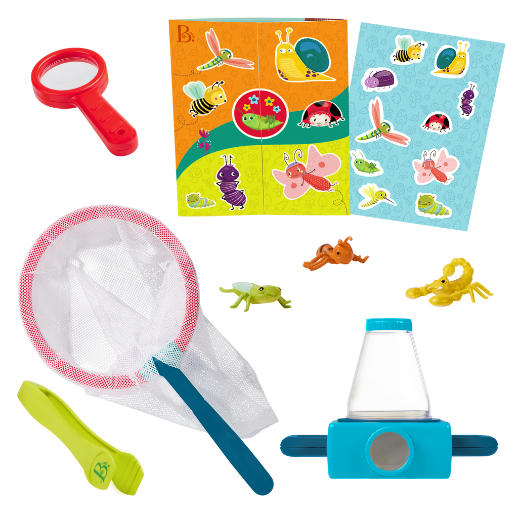 Little Explorer's Pack with 2-way toy microscope, reusable sticker book, and bug catching toys