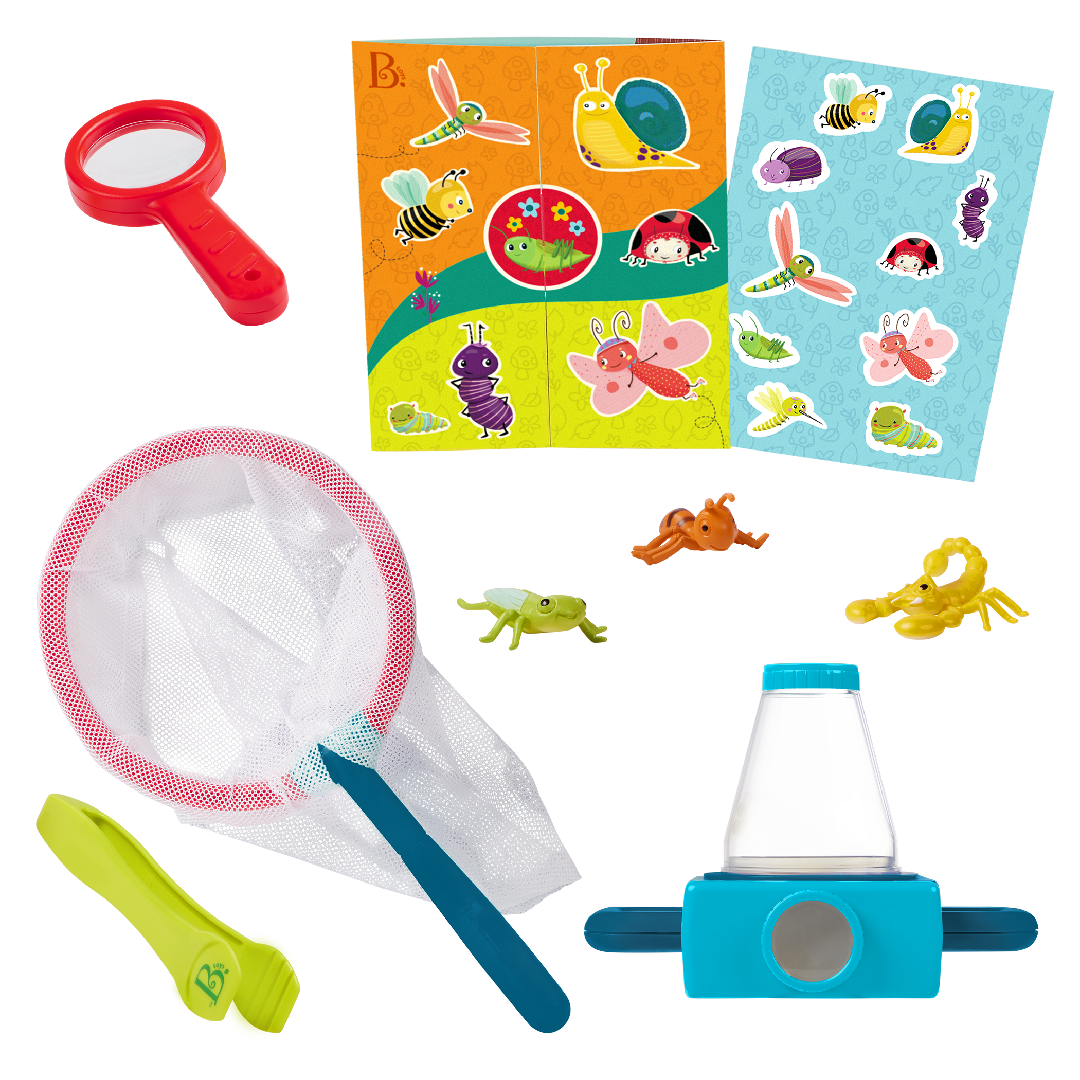 Little Explorer's Pack with 2-way toy microscope, reusable sticker book, and bug catching toys