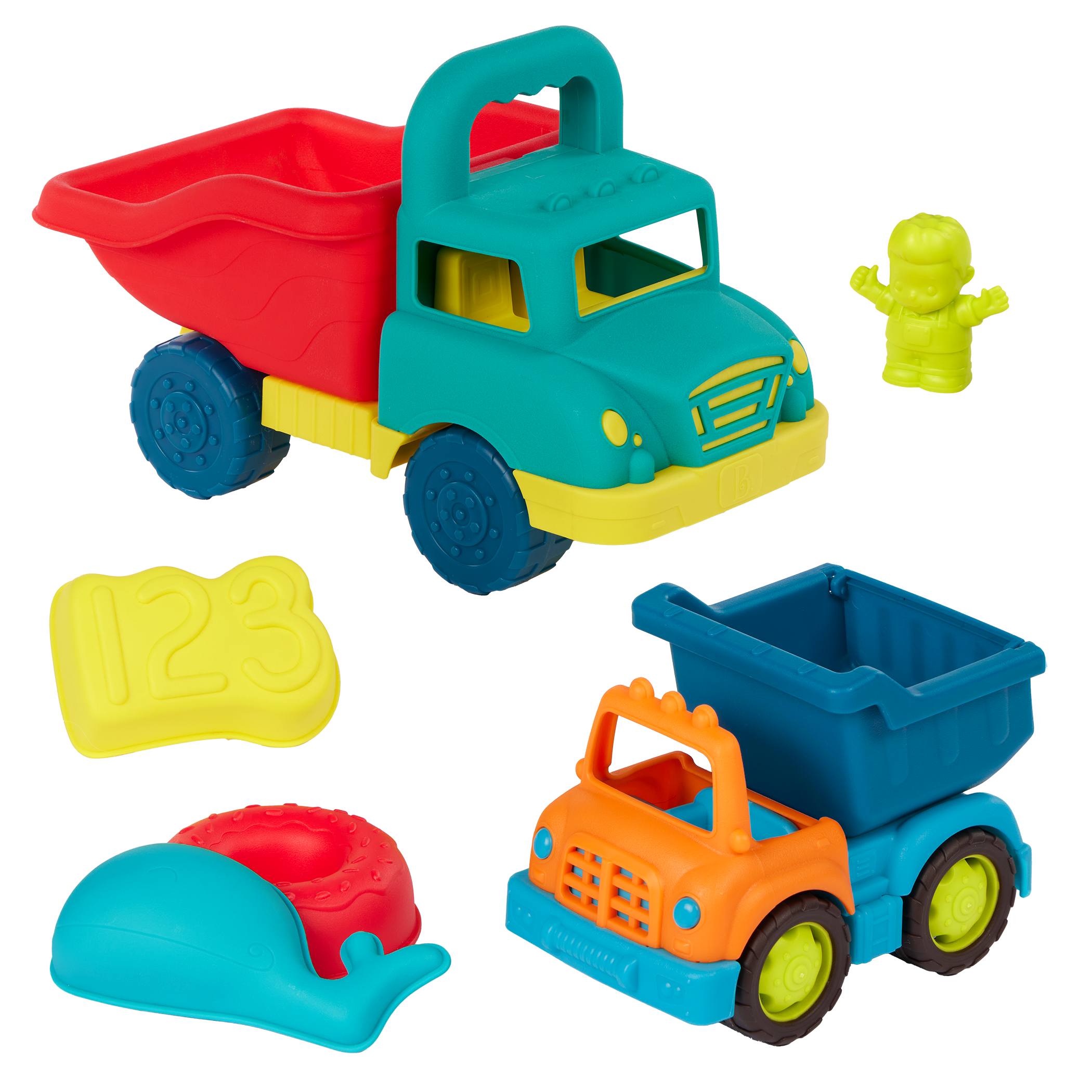 Toy dump trucks with sand molds