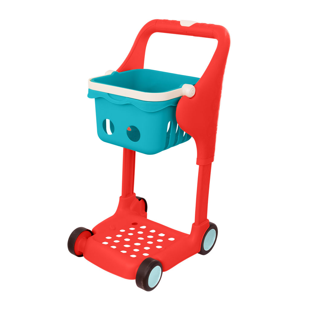 Toy shopping cart with groceries.