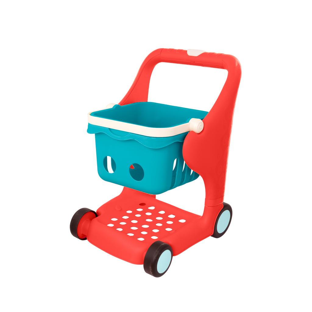 Toy shopping cart with groceries.