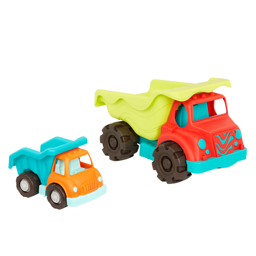 Toy dump trucks.