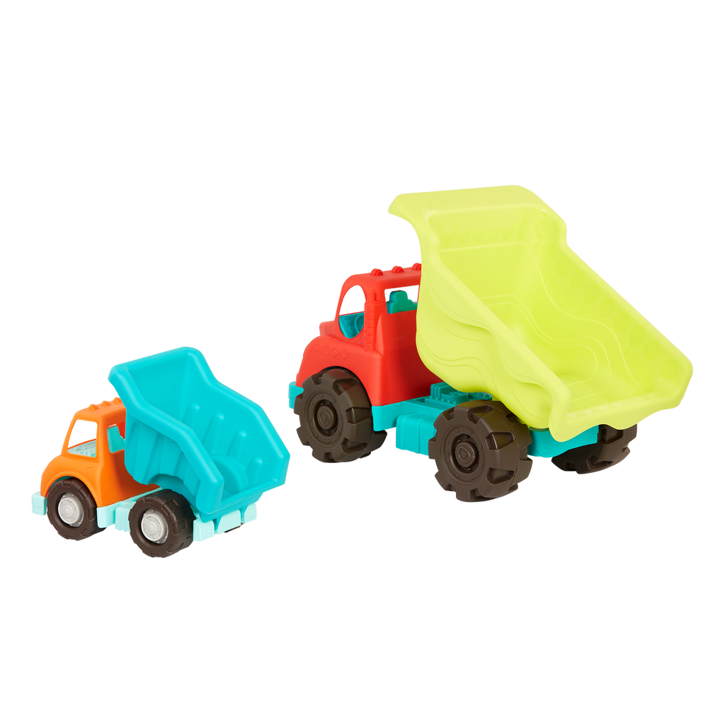Toy dump trucks.