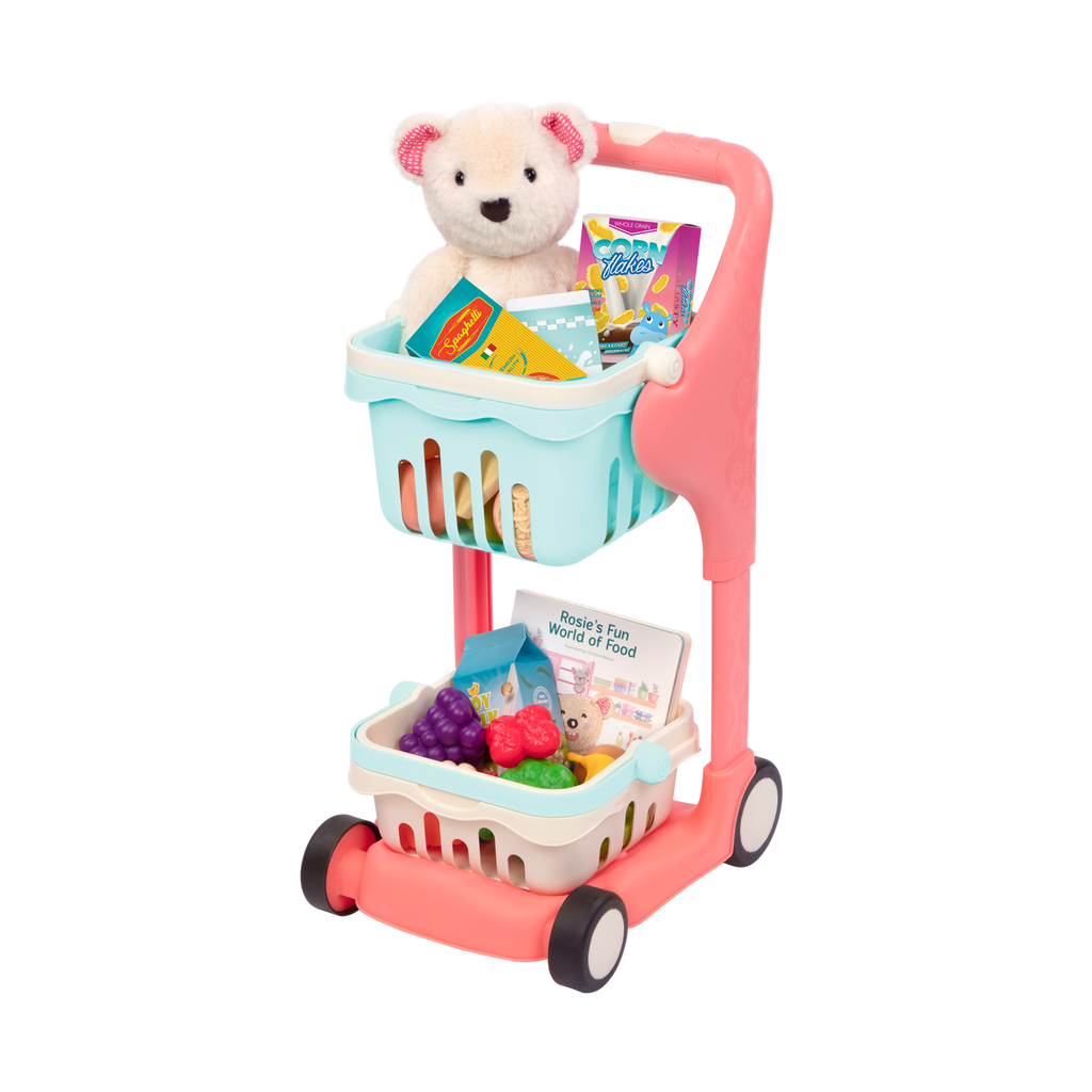 Toy shopping cart with groceries.