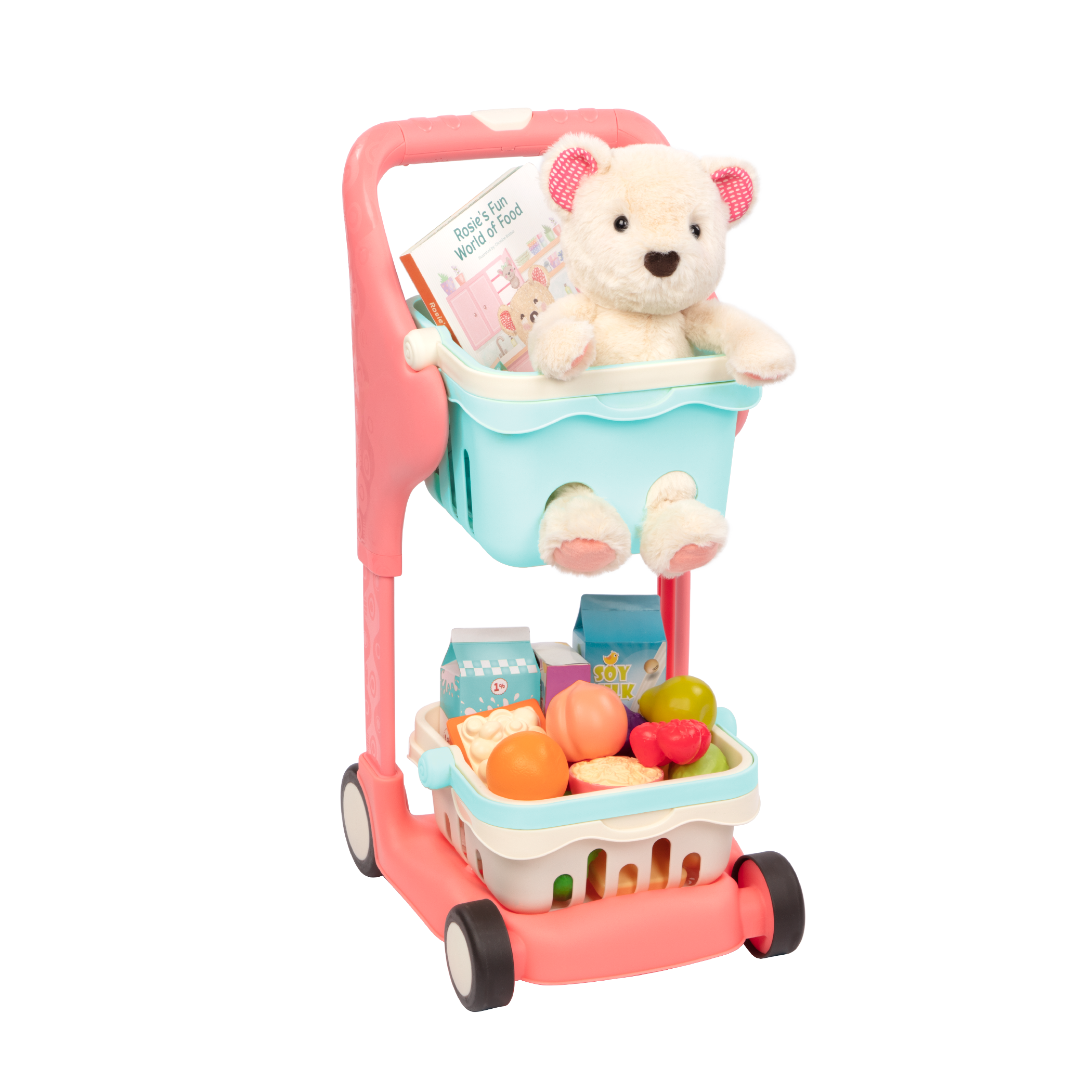 Toy shopping cart with groceries.