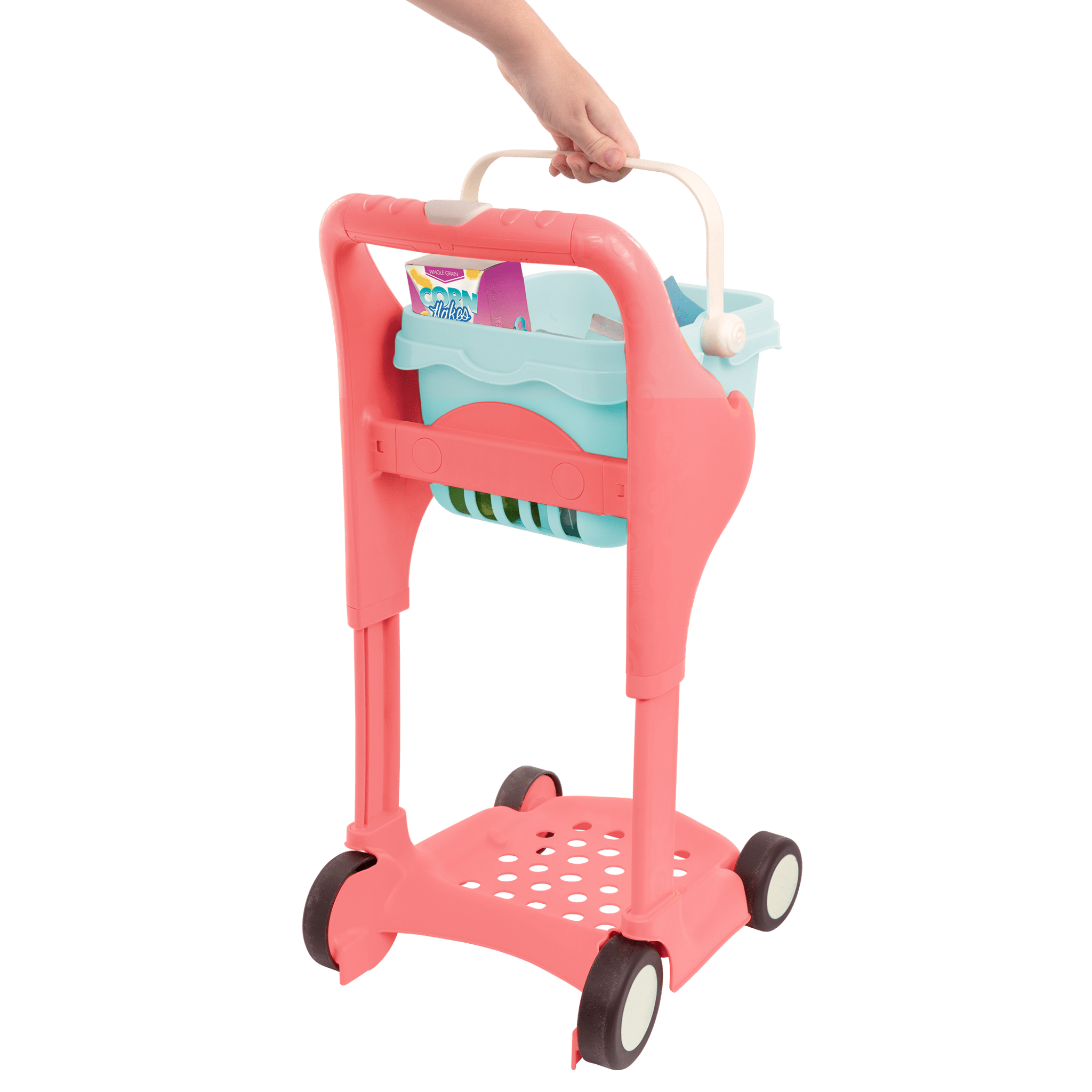 Toy shopping cart with groceries.