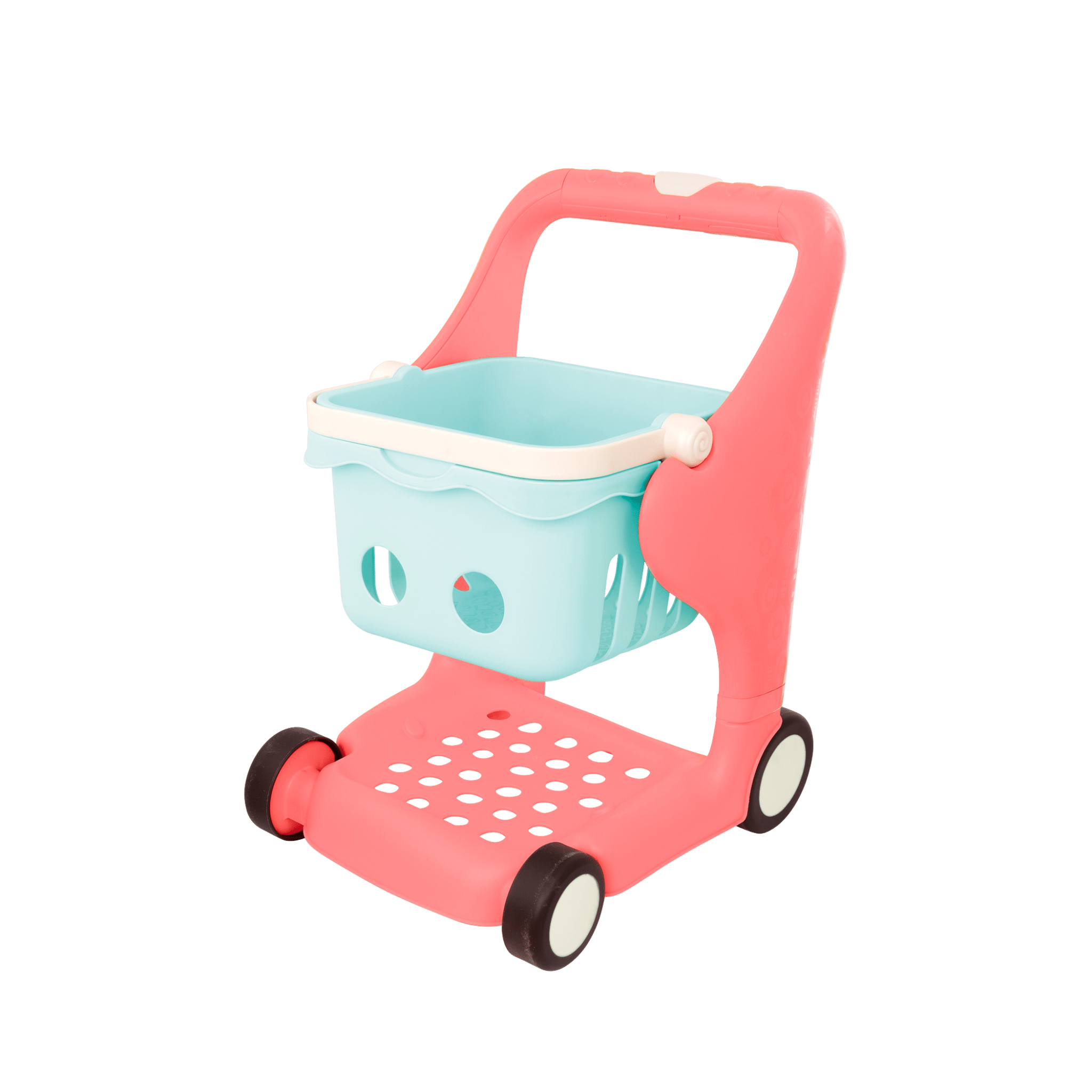 Toy shopping cart with groceries.