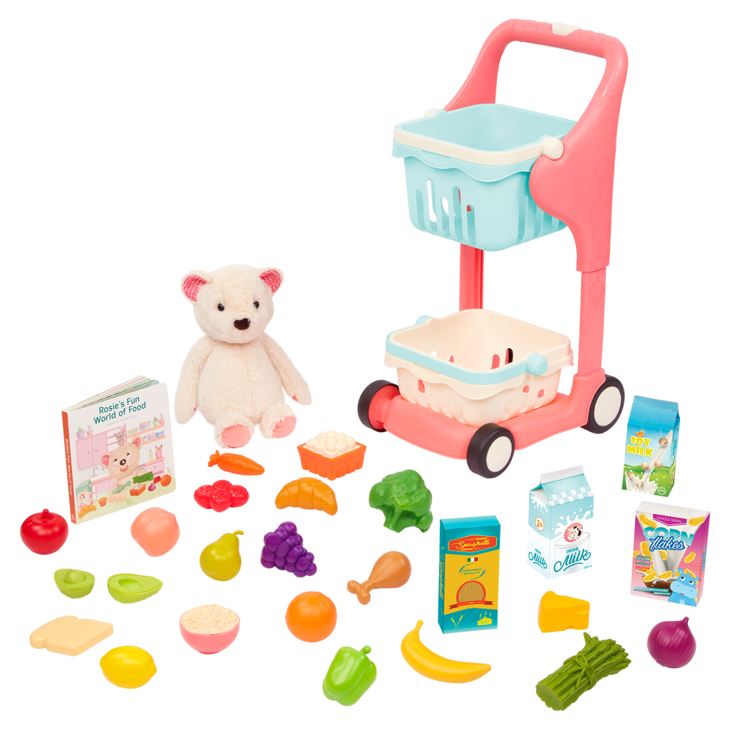 Toy shopping cart with groceries.