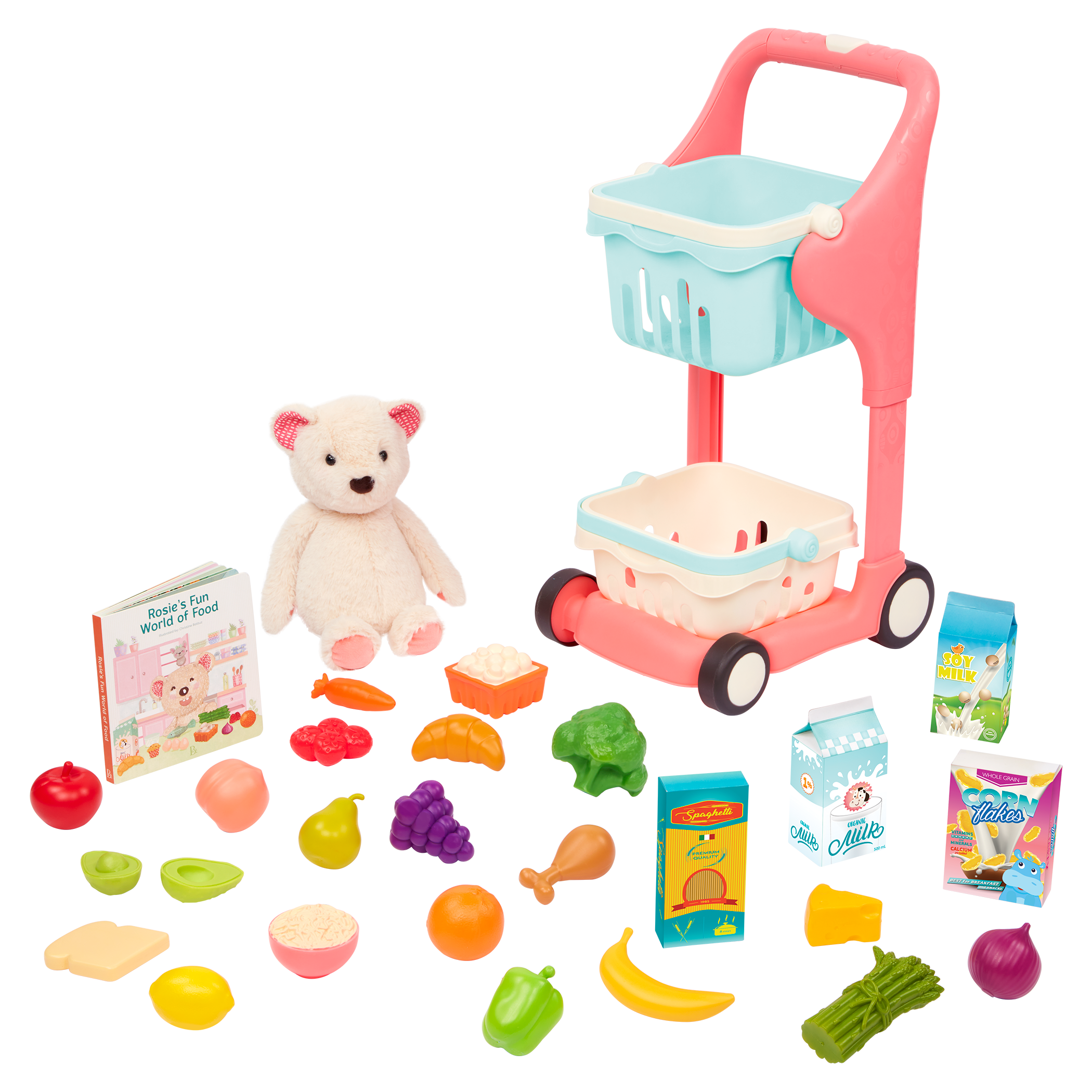 Toy shopping cart with groceries.