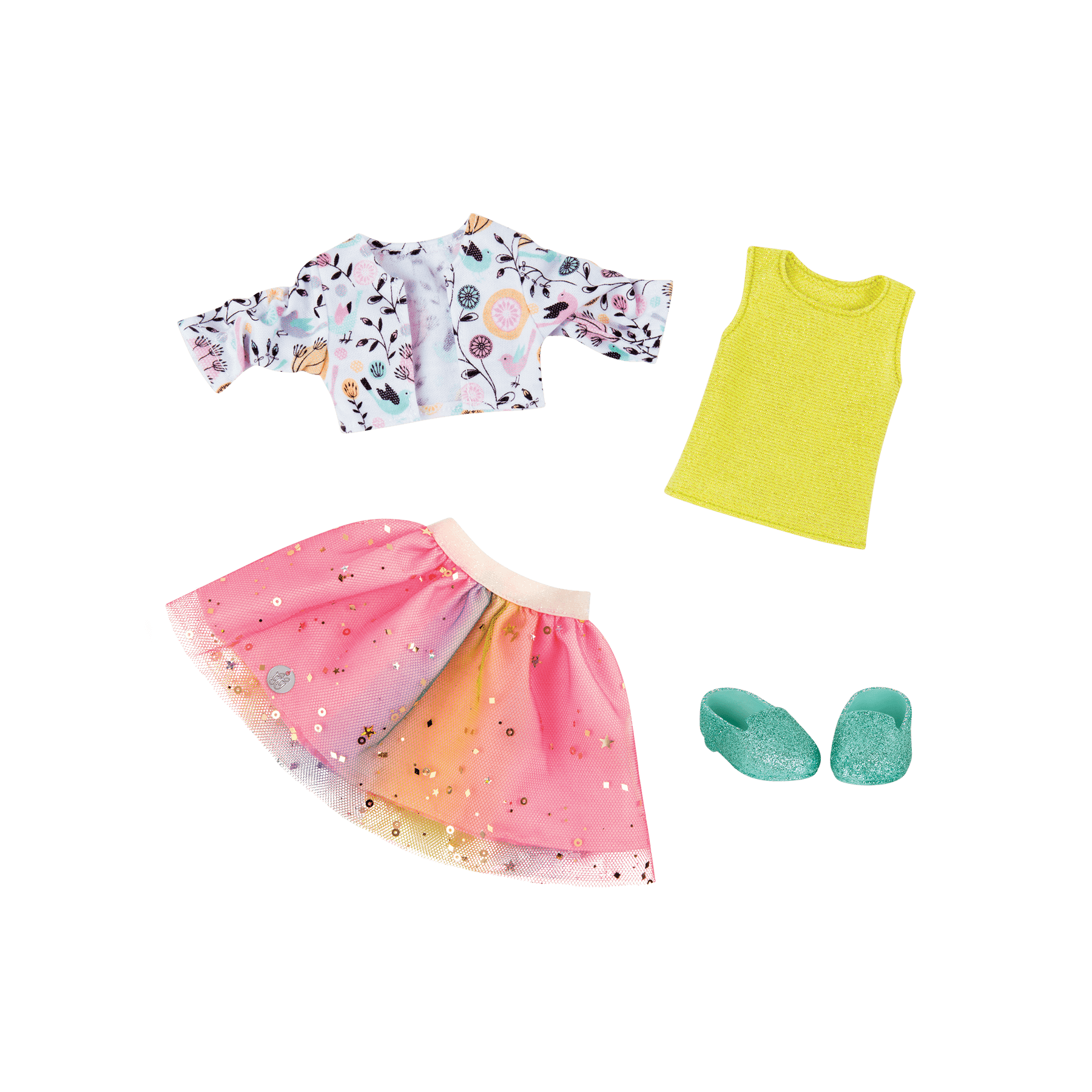 Outfit with glitter shoes for 14-inch doll