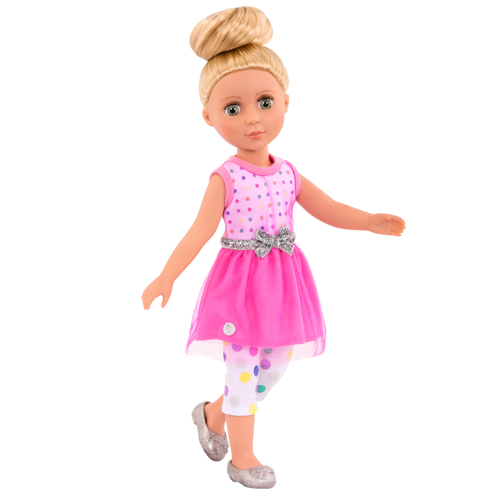 Pink dress with glitter shoes for 14-inch doll