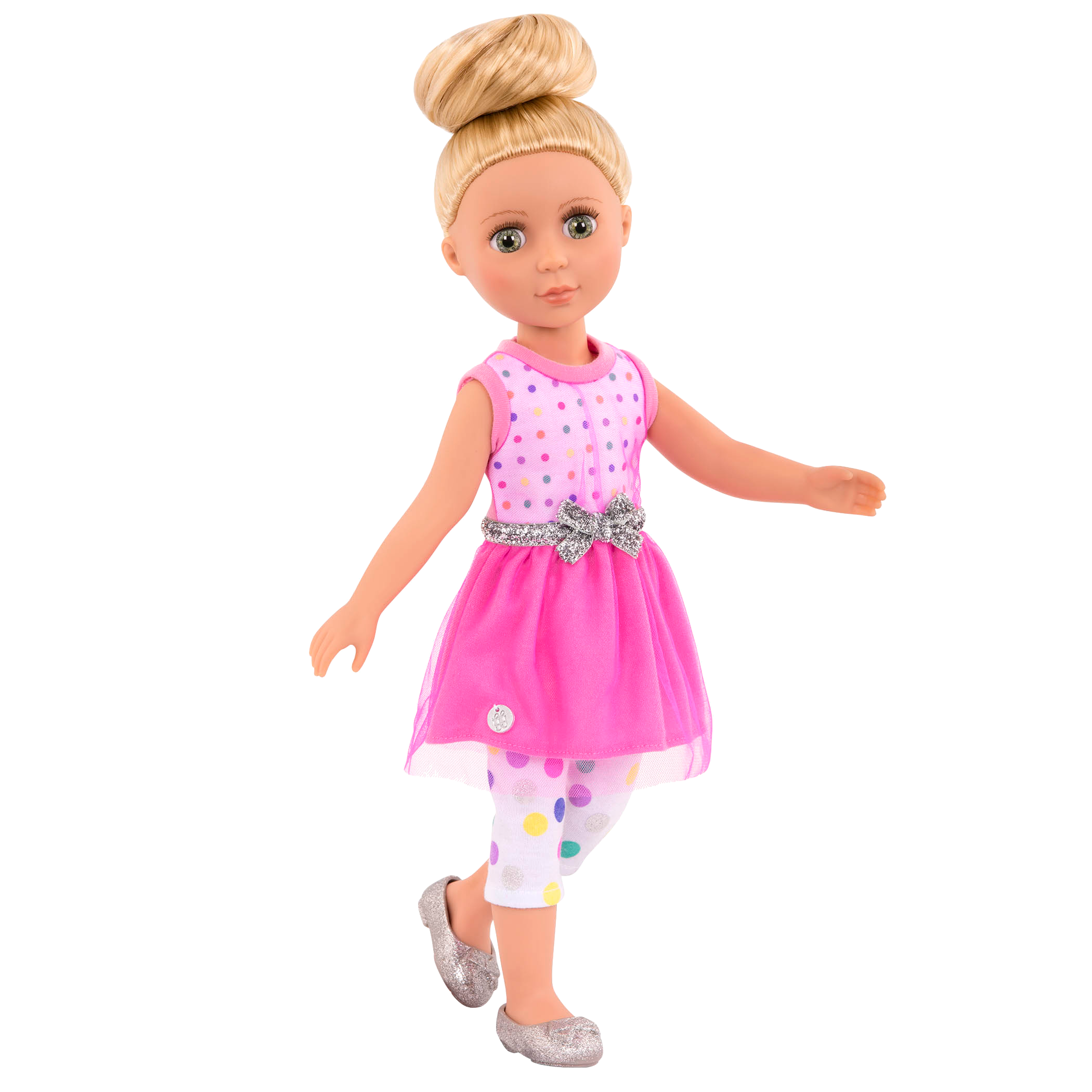 Pink dress with glitter shoes for 14-inch doll