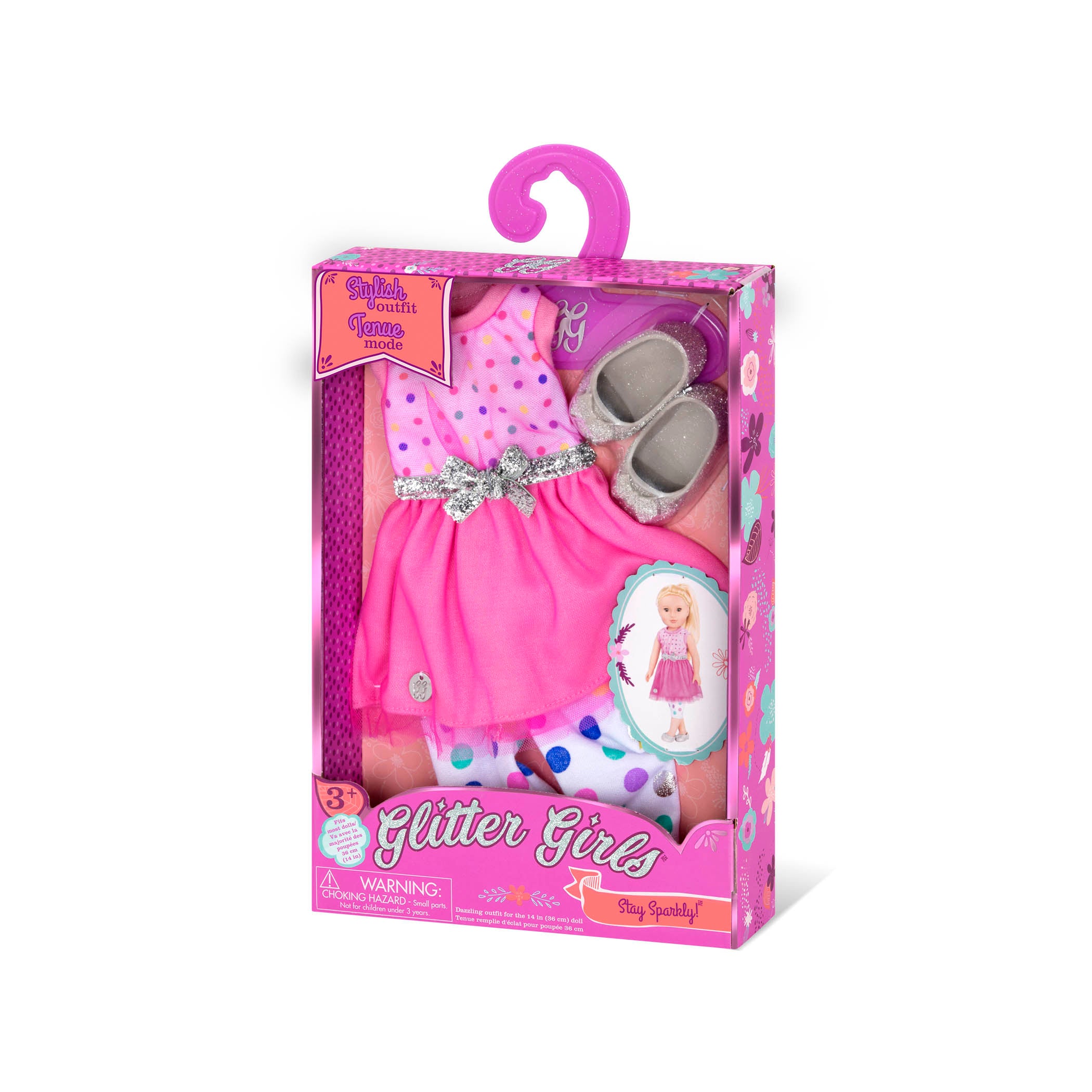 Pink dress with glitter shoes for 14-inch doll