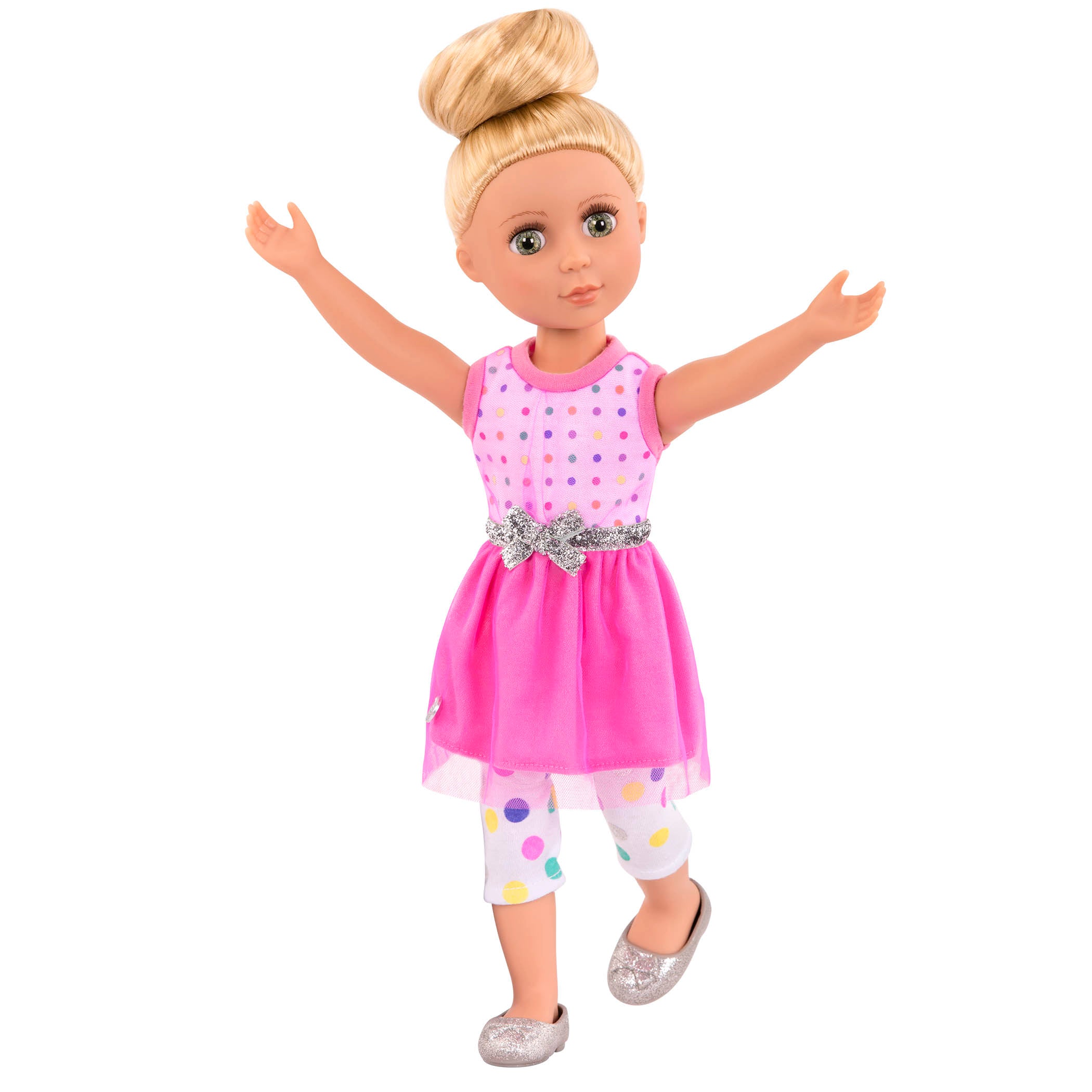 Pink dress with glitter shoes for 14-inch doll