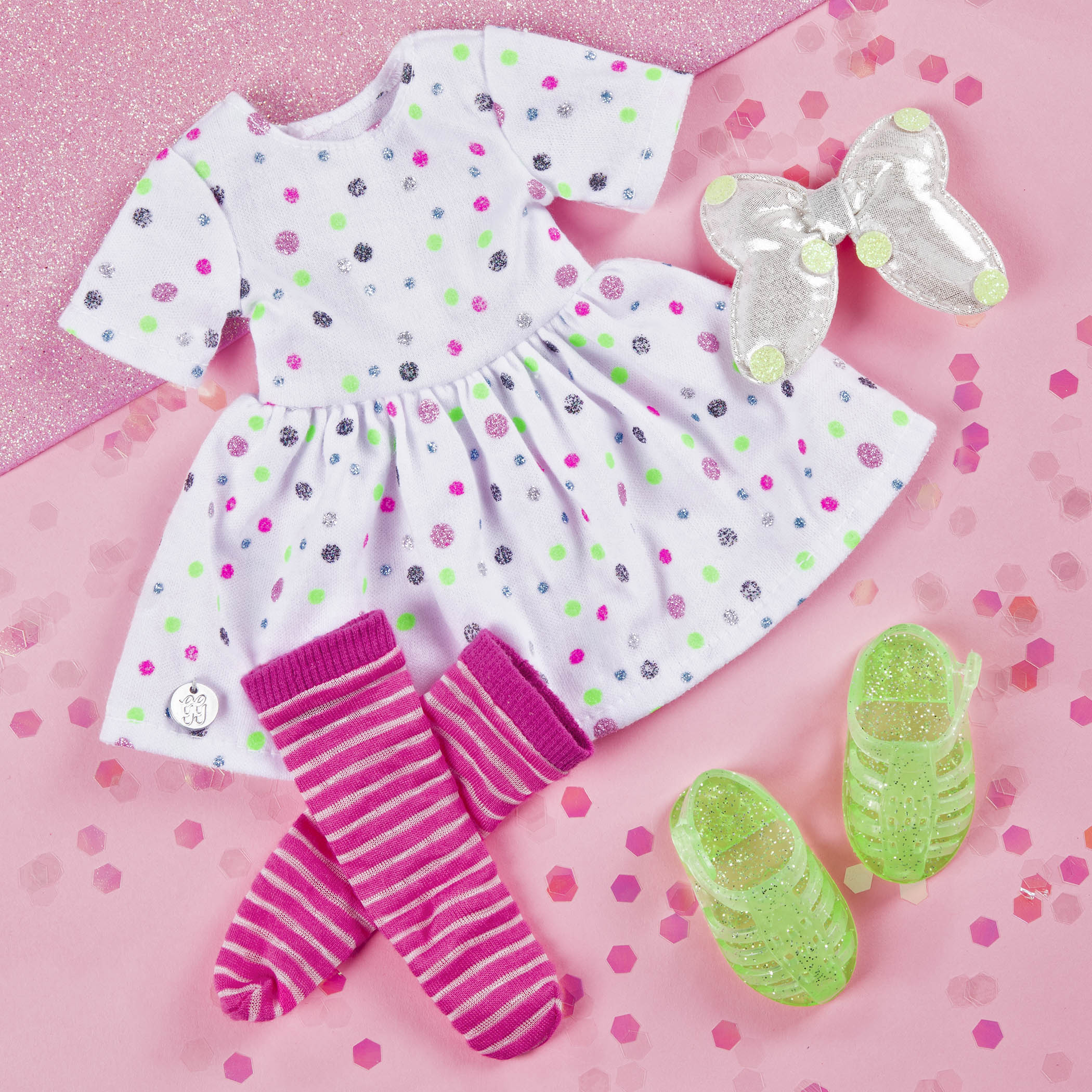 Glitter dress with bow for 14-inch doll