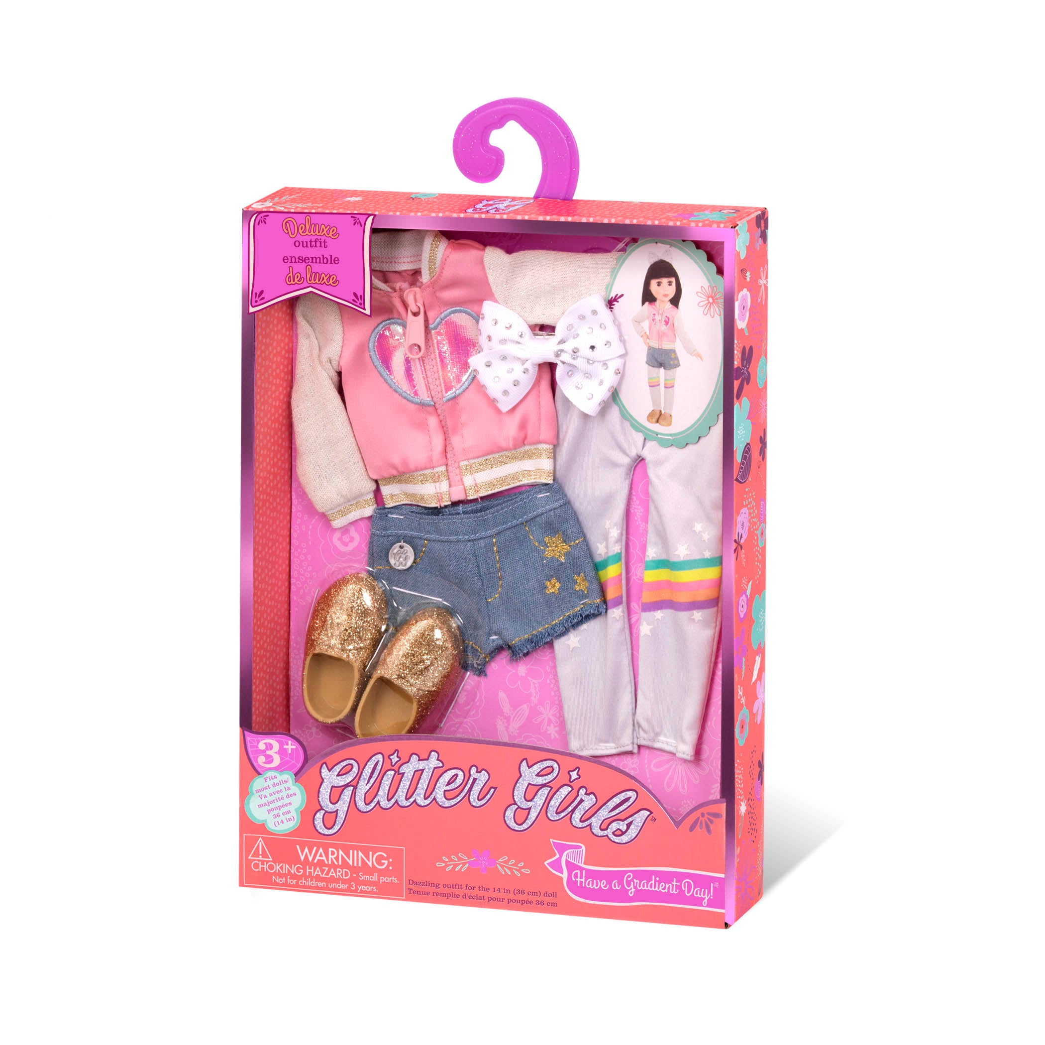 Heart jacket and rainbow leggings for 14-inch doll